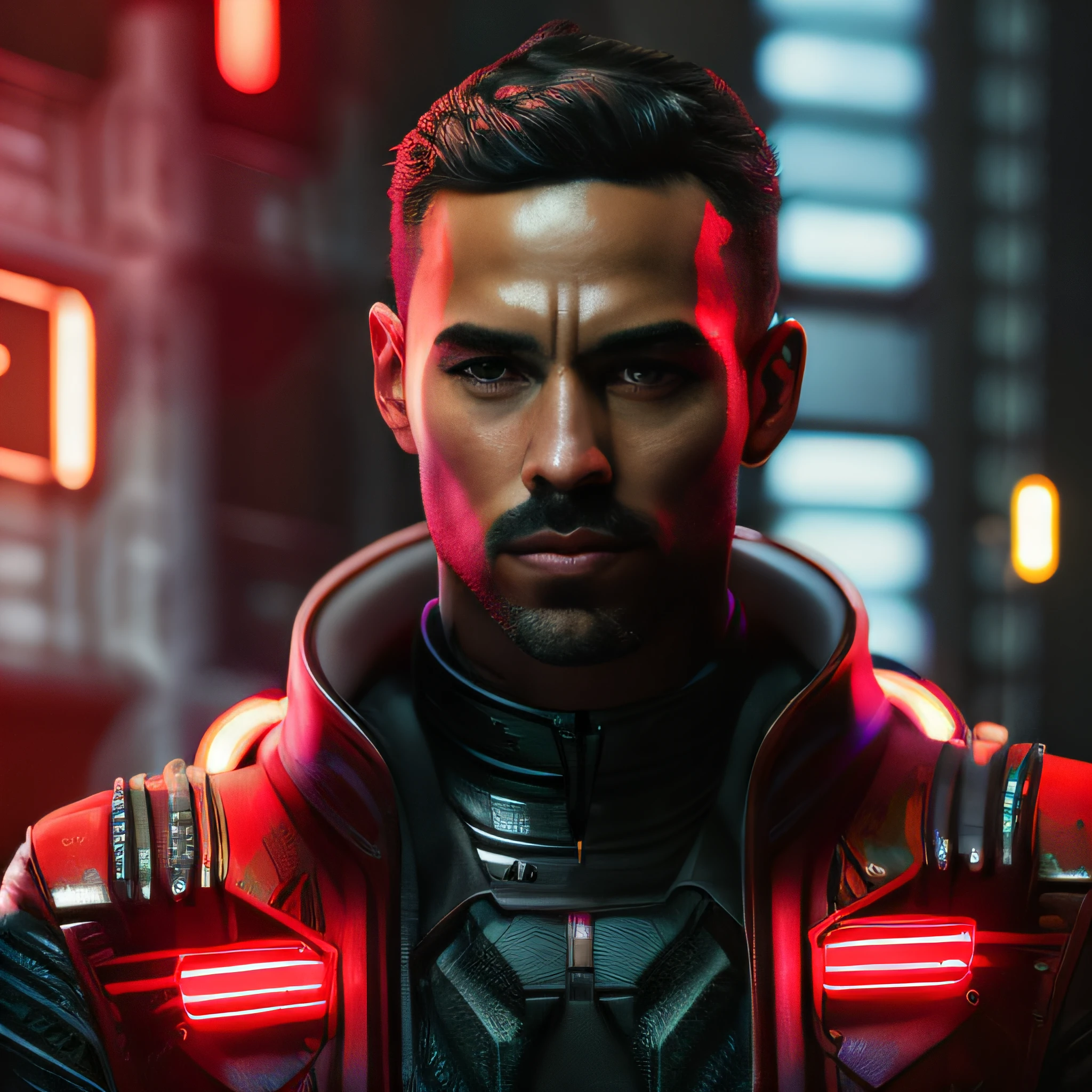 photo-realistic, 8k, altamente detalhado, Retrato realista de um homem, velho , caucasiano, Cyberpunk mechanical android body with red luminous detail, The body looks at the camera, olhando para o espectador de frente, anatomicamente correto, photographic, pele detalhada, Realistic, quadro de comprimento total, Cyberpunk tech city with soft red neon lighting, profundidade de campo rasa, foco nítido, hiper realisitc, Cinematic lighting