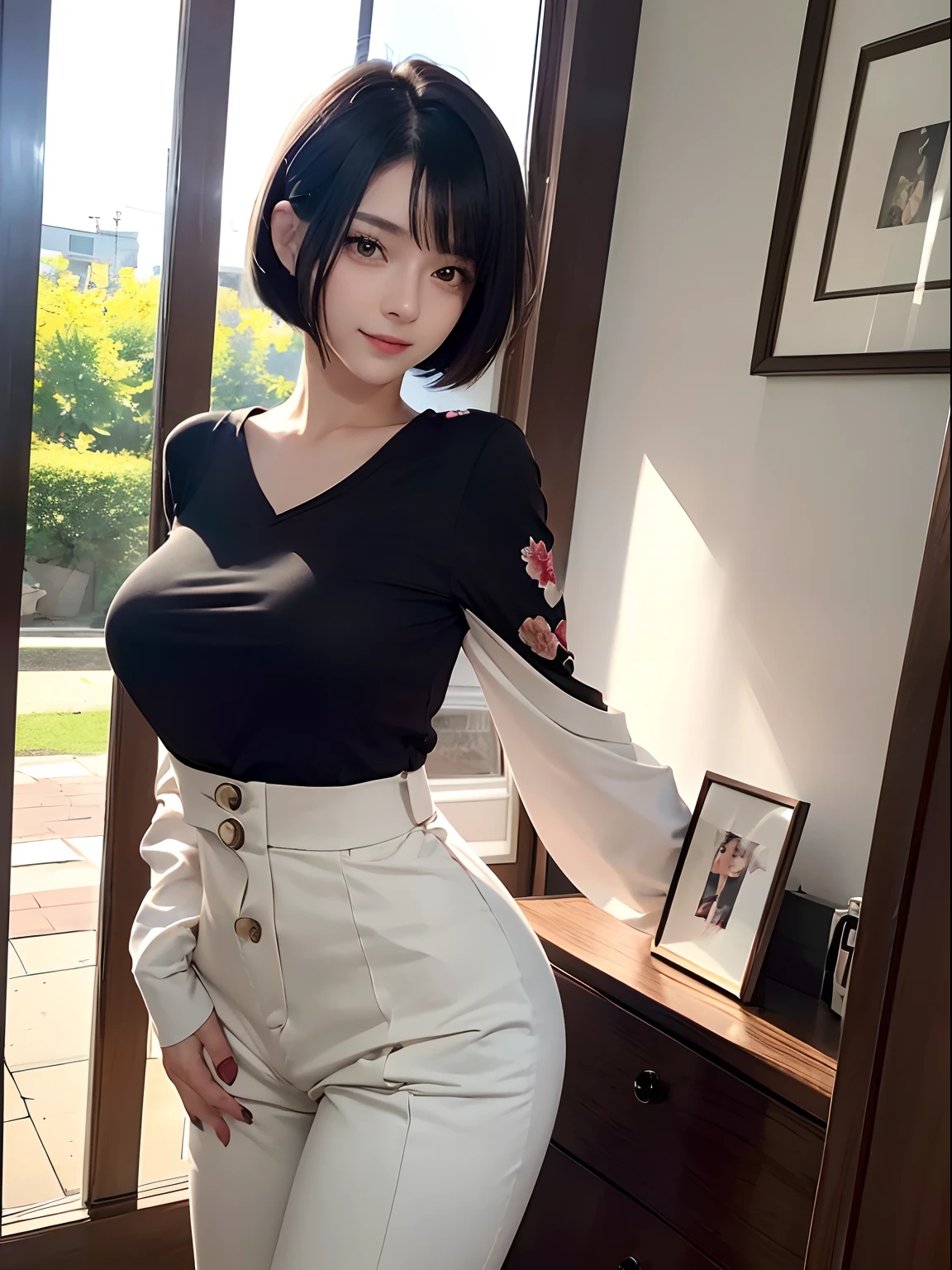 92
(a 20 yo woman,is standing), (A hyper-realistic), (masutepiece), ((short-hair:1.46)), (Smooth black hair), (Breast:1.0), wear long pants, (Wearing a long-sleeved shirt with a floral print), (painterly、picture frame), (kindly smile), (Keep your mouth shut)