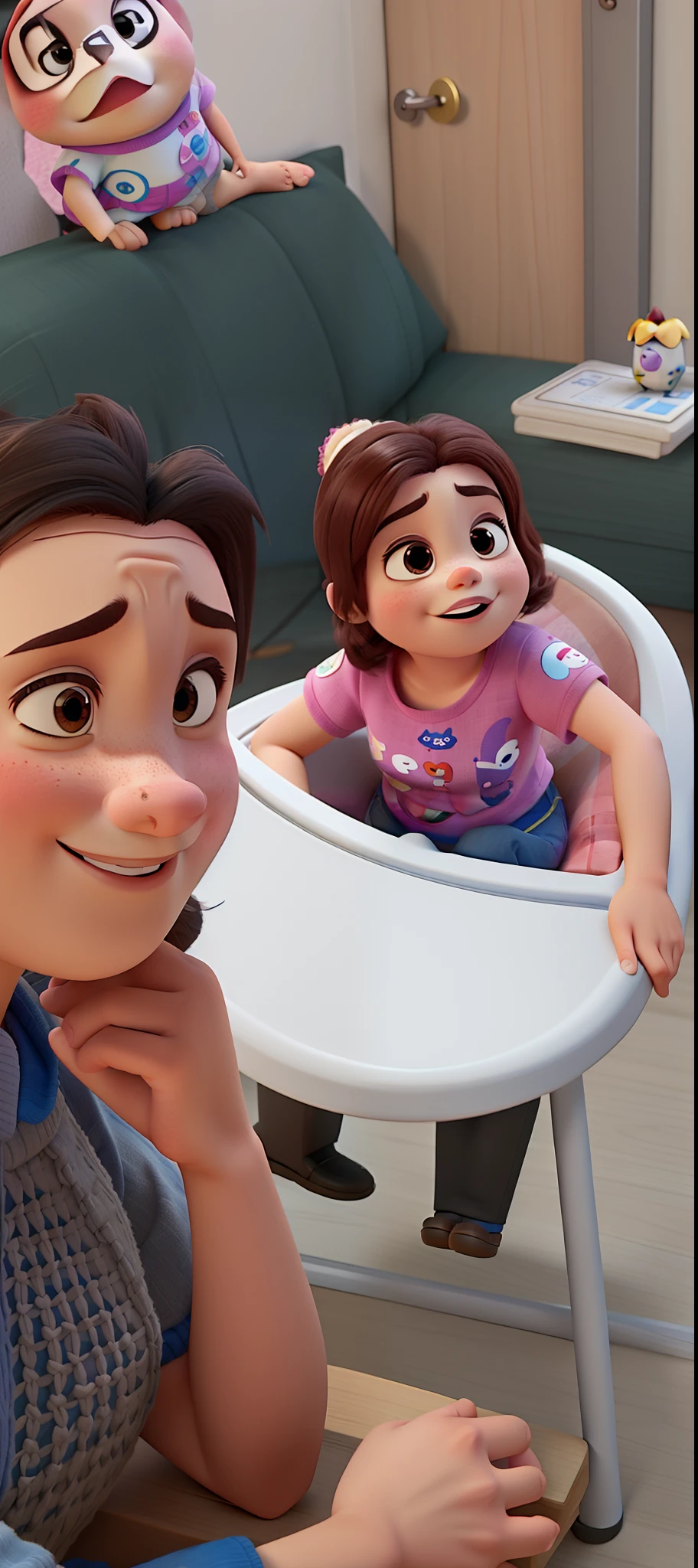 Two white girls aged 2 and 5 with long brown hair on a sofa smiling in disney pixar style, alta qualidade, melhor qualidade