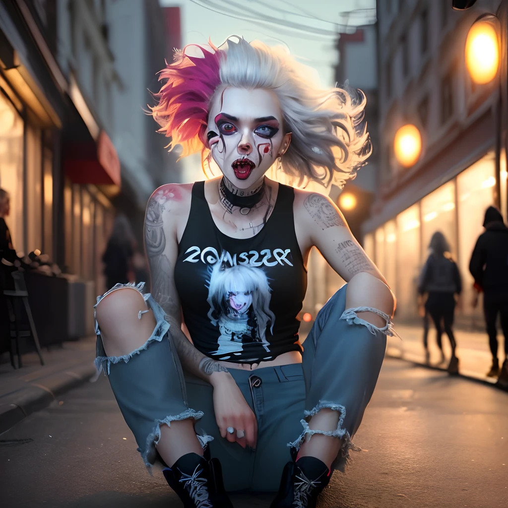 (((girl trapped in a bottle)))Long-haired woman with gray hair,
modeled、 Hair Punk, Fashion Photography Editorial Style, Hype Beast Super Fast Fashion Gangster Sign
Zombie Girl, Full body, Solo,  Aggressive face, terrified expression, Torn tank top T-shirt, torn jeans,Night, short boot, deserted street, fullmoon, vampire teeth, Torn clothing, Blood all over the body, masutepiece, High resolution, Best Quality, Super Detail, intricate detailes, Colorful
The prompts for the first theme are as follows:
"(Best Quality, 8K, 32K, masutepiece:1.3), Ultra-detailed, (Photorealistic:1.4), white colors, albino, Punk Girl, Detailed eyes, Upper body, Luxurious punk hair, Edgy punk fashion, Avant-garde makeup, Numerous piercings, Heavily tattooed body, Street background, Backlight effect, blurry backround