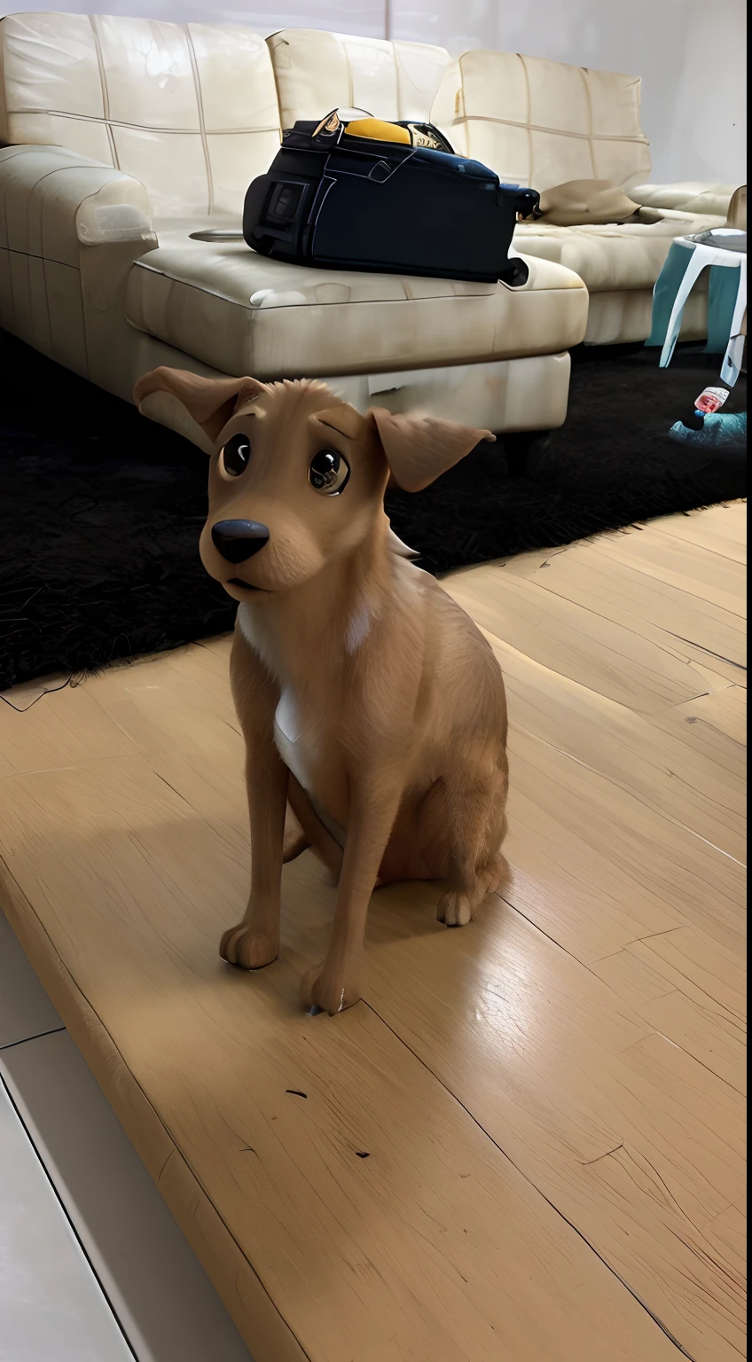 Brown Stray Dog, sitting on ground, com cara de medo, disney pixar, melhor qualidade