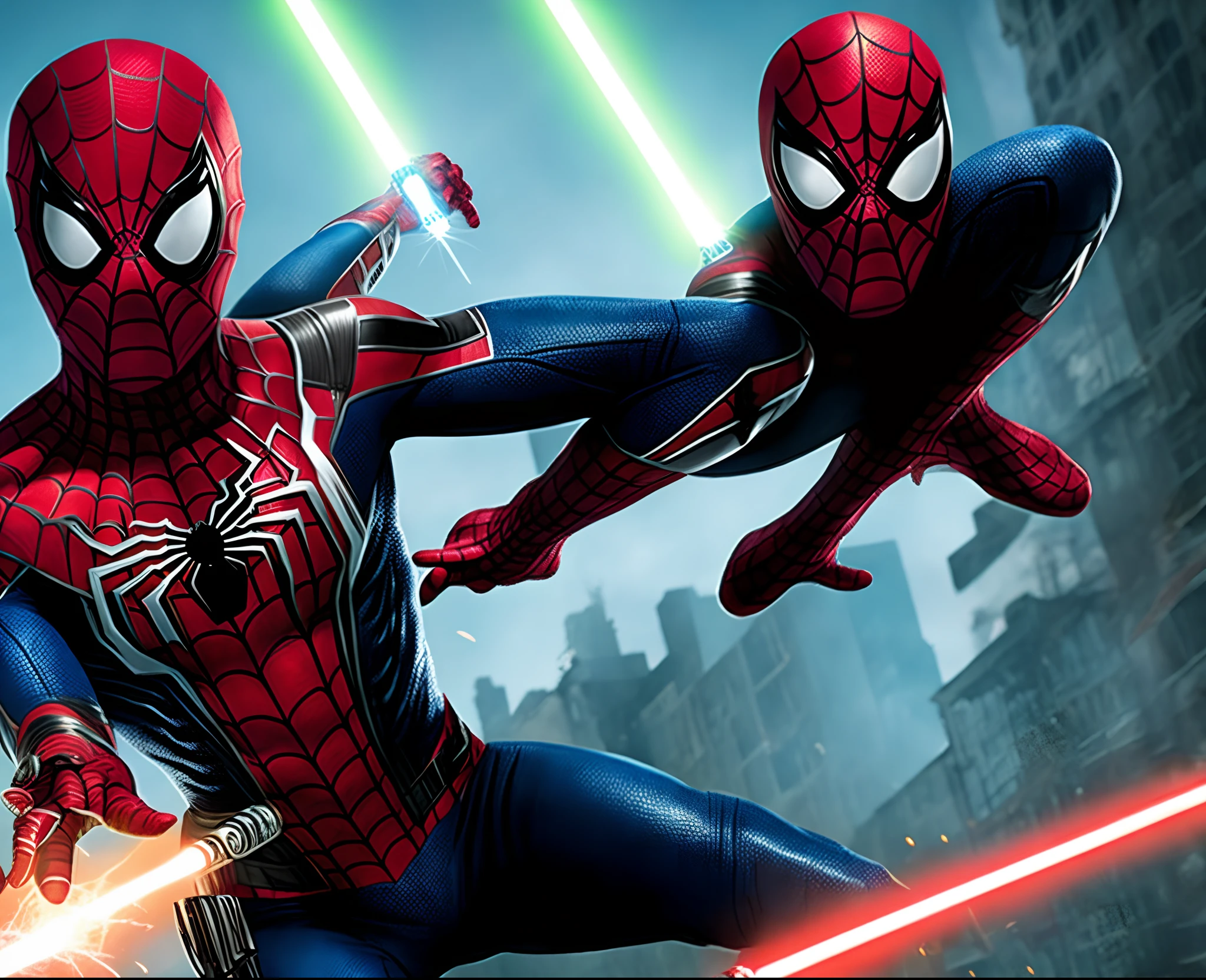 Spider-Man with the symbiote suit, holding a red lightsaber.