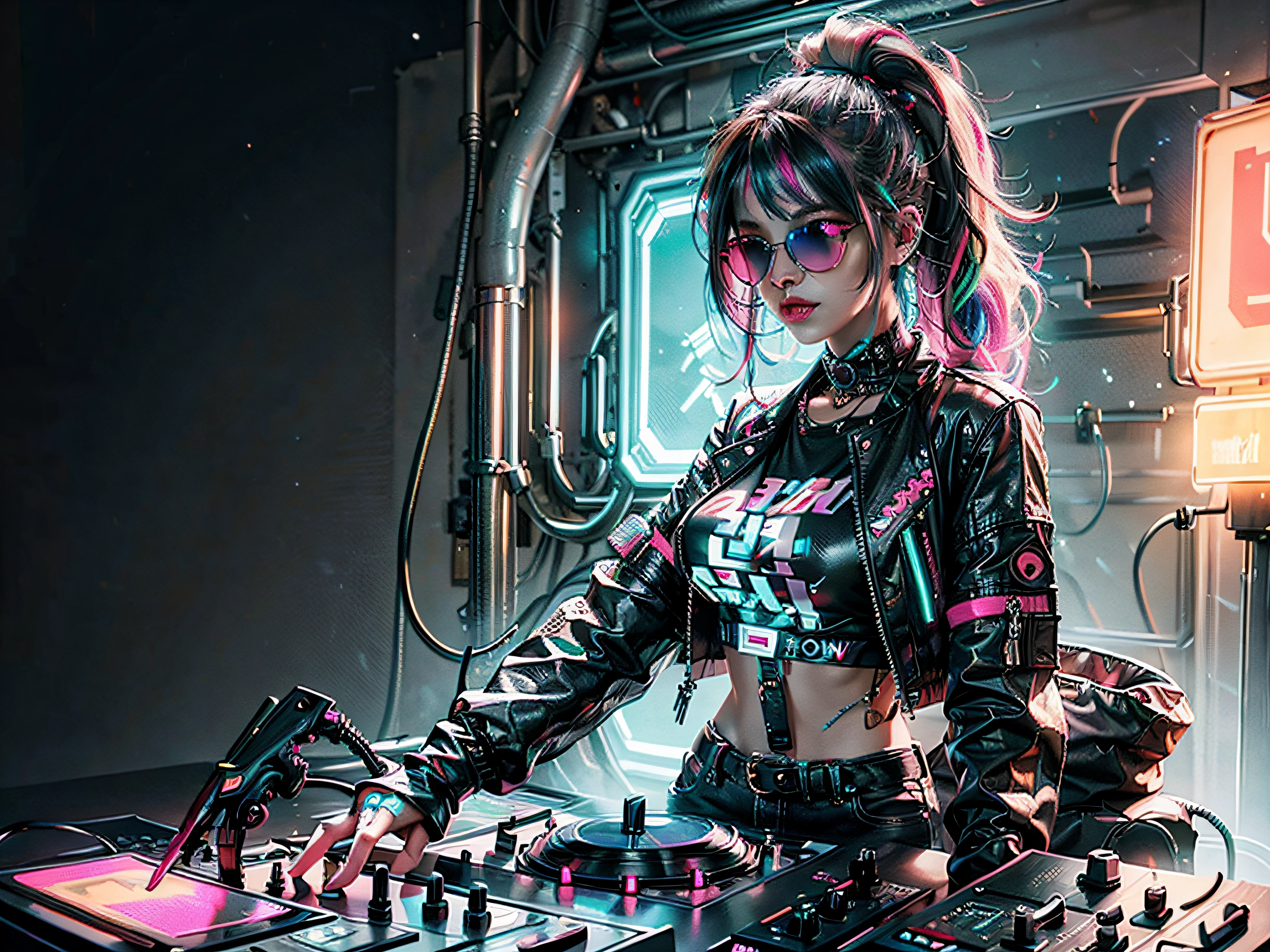 "Cyberpunk DJ girl with cool neon head set, colorful neon light around her, multicolor hair, multicolor, front view ,cool open jacket and crop top shirt, rocking sun glasses, two big LED glowing loudspeakers on each side, immersed in a neon-lit environment, vinyl record on turntable with music mixer and turntable in front of her, exuding an electrifying disco vibe in a futuristic night club."