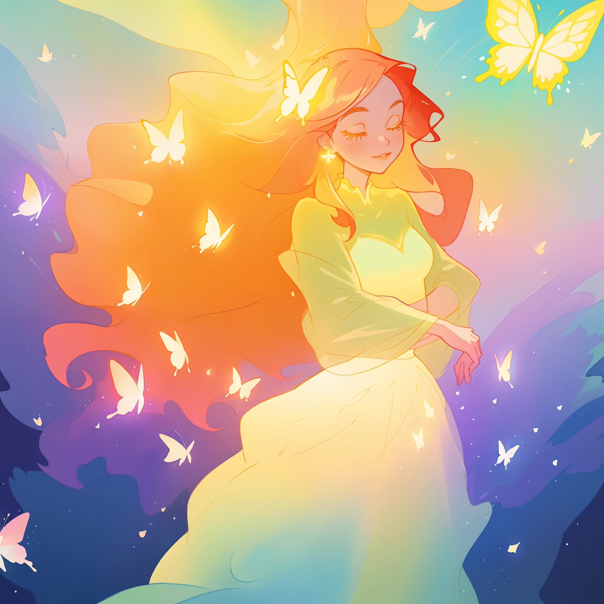 beautiful girl in flowing puffy gradient gold to aqua ballgown, ((glowing butterflies)), flowing sheer sleeves, (gradient yellow to aqua ballgown skirt), long sparkling red hair, delicate gold crown, fantasia background, watercolor illustration, inspired by Glen Keane, inspired by Lois van Baarle, disney art style, by Lois van Baarle, glowing aura around her, by Glen Keane, jen bartel, glowing lights! digital painting, flowing glowing hair, glowing flowing hair, beautiful digital illustration, fantasia otherworldly landscape plants flowers, beautiful, masterpiece, best quality, anime disney style