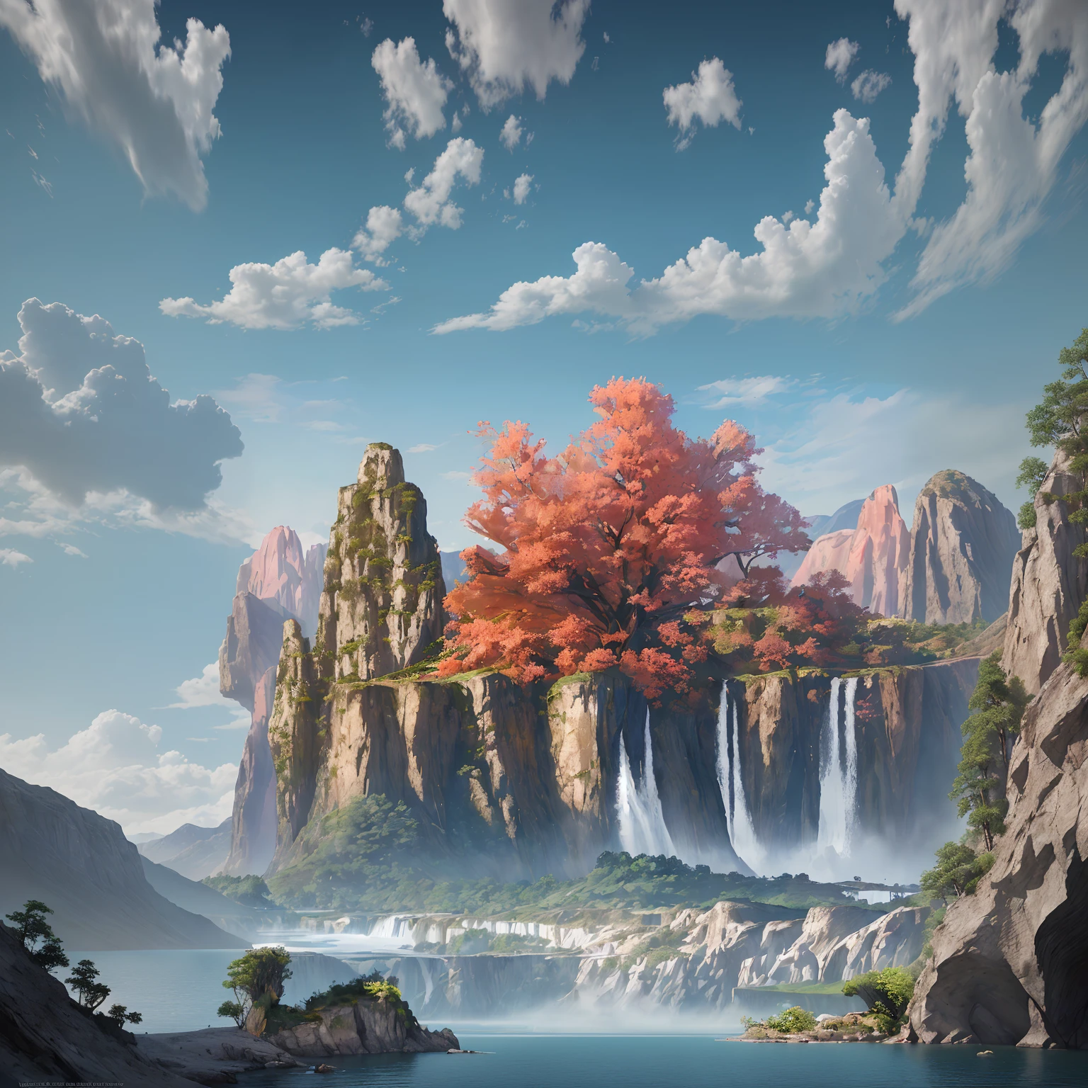masterpiece, best quality, high quality, extremely detailed CG Unity 8k wallpaper, ((massive landscape)), kingdom, outdoor, (((sky))), no humans, mountains, landscape, water, tree, blue sky, waterfall, cliff, nature, lake, river, cloudy sky, award-winning photography, background blur, depth of field, HDR, blooming, color difference, realism, very detailed, artstation trend, CGSociety, intricate, wide shot, panorama,