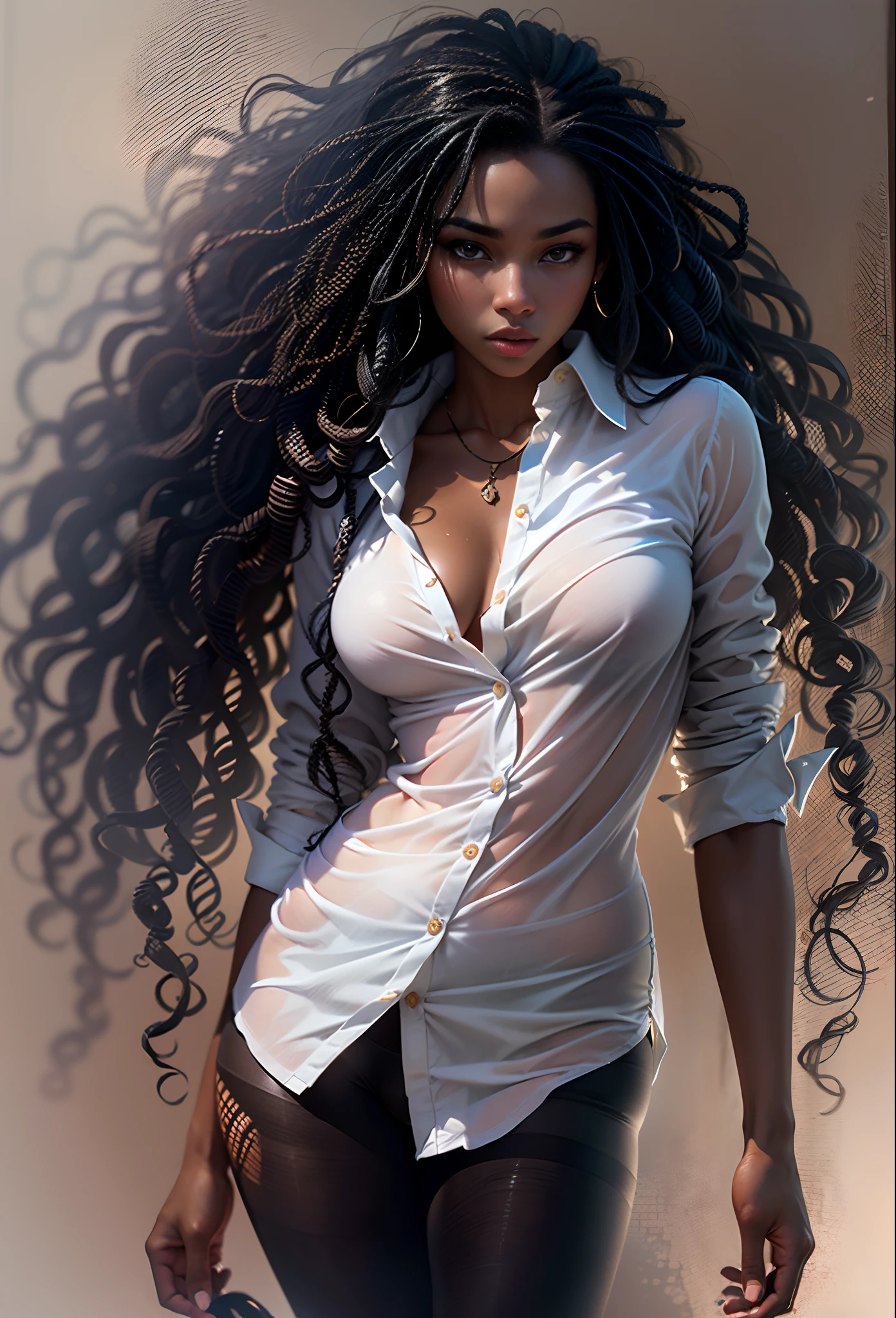 ((17-year-old))), mixed black girl, (((light skin))), (((full body pose))), (((long curly black hair))), (((wearing only a mans long, white, button-up shirt, unbuttoned))), (((seamless, black, pantyhose under the shirt))), dark fantasy, Rich, Deep Colours, (intricate details:0.9), (HDR, hyper-detailing:1.2), (natural skin textures, hyper realisitc, glistening skin, soft light, Sharp),