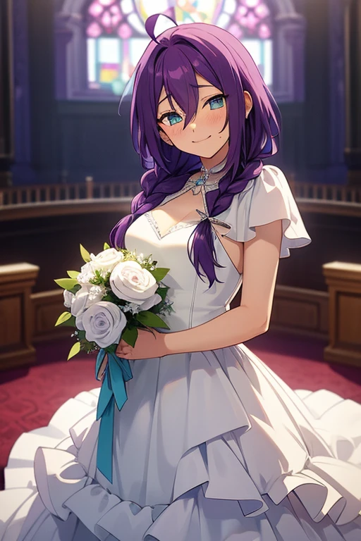 long hair, mole under mouth, purple hair, single braid, hair between eyes, aqua eyes, closed mouth, ahoge, 1girl, blush, smile, cowboy shot, wedding dress