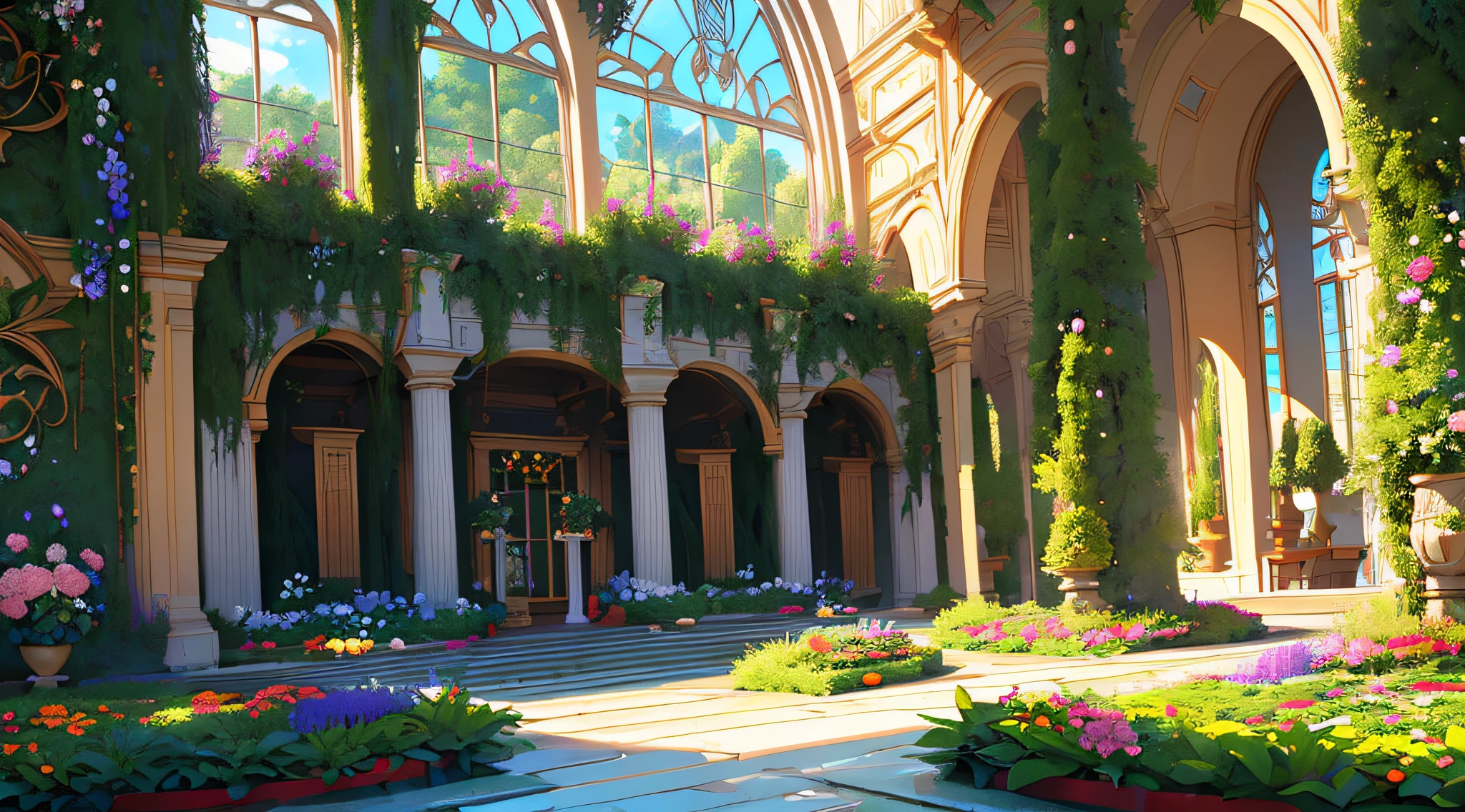 orangery, ((Indoor Garden)), Bower, Lots of greenery and flowers, Flower beds, (stage:1.3), people. ((Walls around the garden))