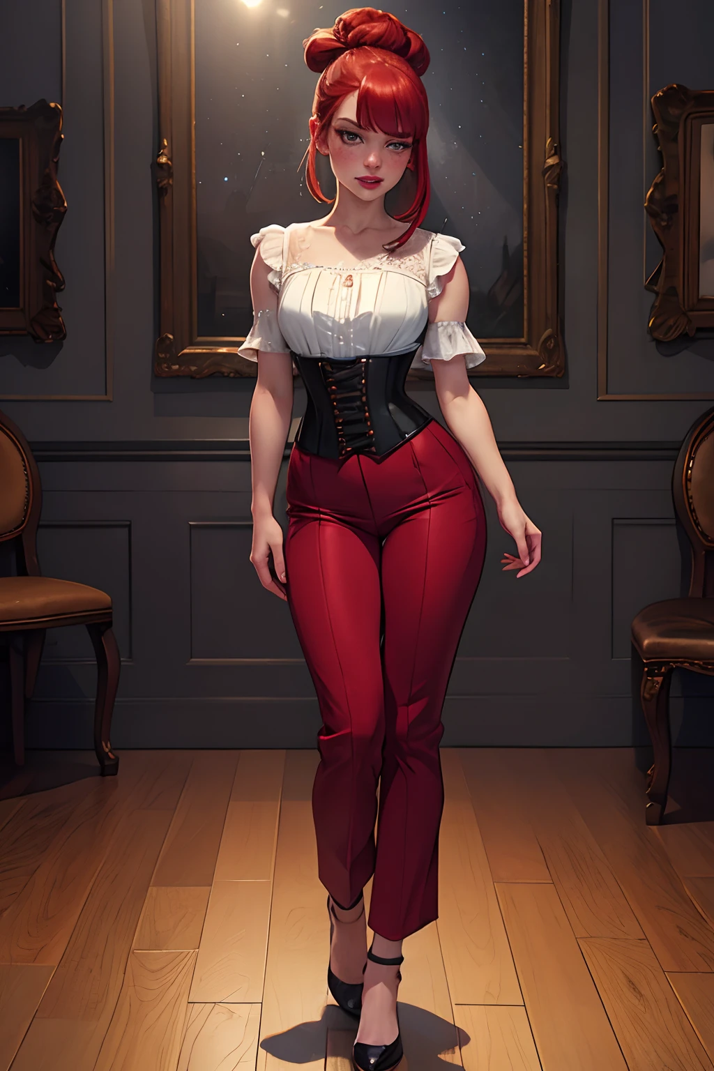 highly detailed, skindentation, pale woman with freckles, small chest, slim, red hair, hair bun, bangs, blushing, sparkling eyes, white blouse, corset, trousers, stretched clothing, dark moody room, masterpiece, best quality, perfect anatomy, highres, detailed, 1girl, smug, full body