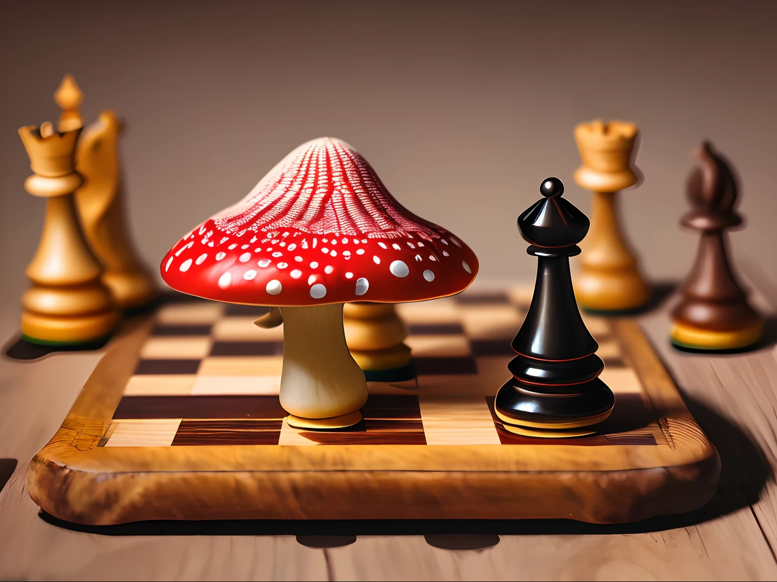 chess pieces on a board with a mushroom on top, surreal chess, chess game, chess, mushrooms style and macro style, !!playing chess!!, chess motiffs, mushroom cap, by Alexander Kucharsky, chess piece, by Marie Bashkirtseff, chess set, playing chess, maxim sukharev, chessboard scientist, strategy game