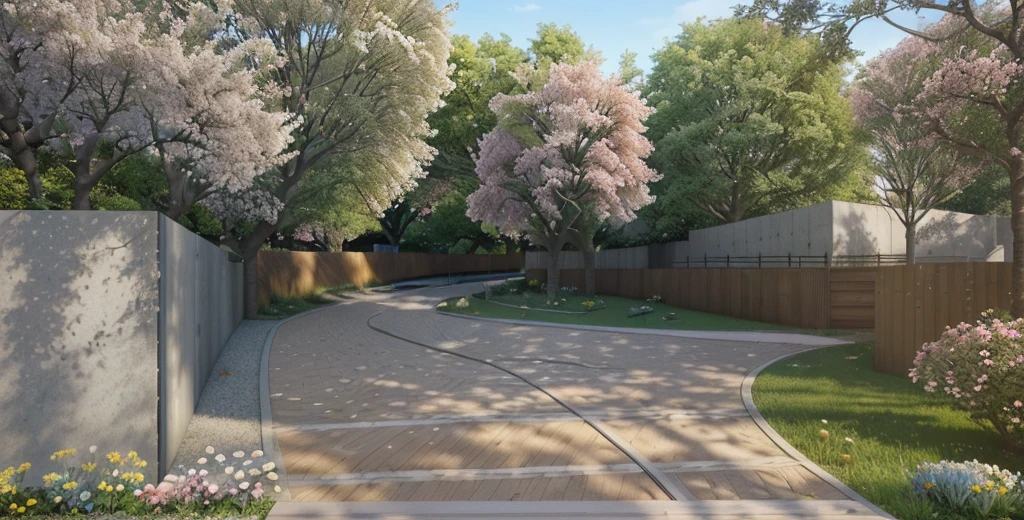 rendering of a park, concrete path, flowers along pathway, wooden wall following all the way down the right, cat sleeping on wooden wall, clear blue sky, daylight, Modern art staue in back, Flowering trees, daylight, bright light, masterpiece, ultra-detailed, realistic rendering, commercial rendering, 4k rendering, vray rendering