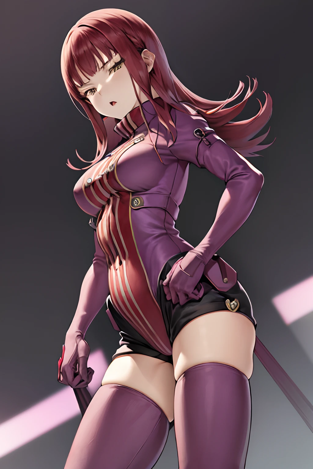 masutepiece, Best Quality, absurderes, Perfect Anatomy, 1girl in, Solo, Yoko Katori, Long hair, purple thighhighs, elbow groves, Purple gloves, Black shorts, uniform, thigh holster, ((posterior view)), ((Photo from below))、((thigh high boots))、