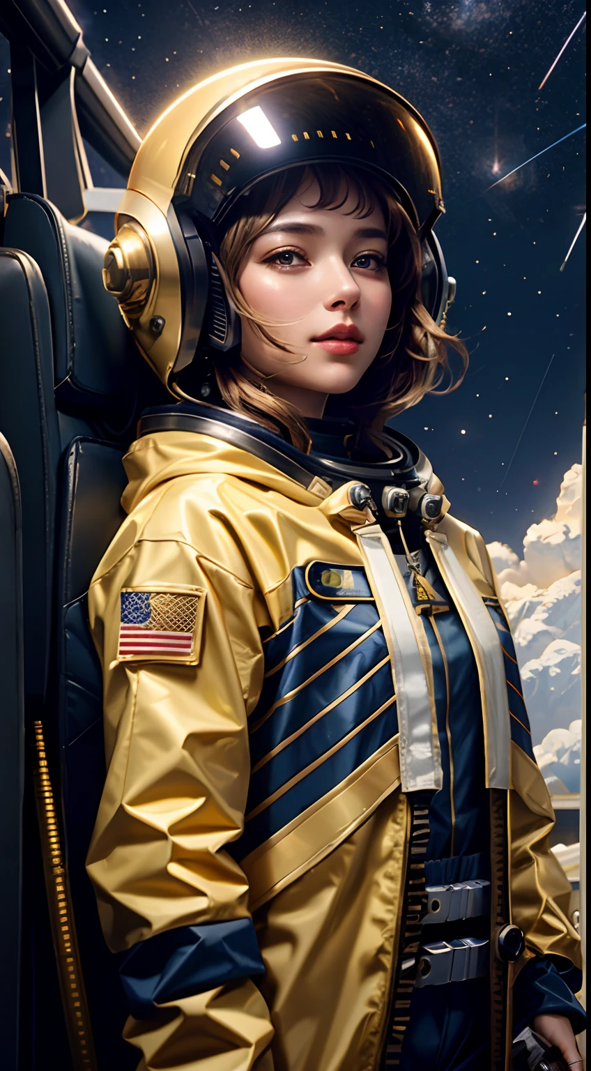 A woman in a golden astronaut suit and helmet looks up at the sky, Wojtek FUS, CGSetalidade 8K, CGSetivity 8K, CGSetivity 8K, CGSetivity UHD 4K altamente detalhado, CGSetnation ), mulher bonita no traje espacial, cgsociedade inspirada, CGSesociety 4K UHD, CGSetivity 4K, CGSetaltion 4K