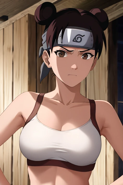 masterpiece, absurdres , (intricate details), (colorful),cinematic lighting,bust shot,extremely detailed CG unity 8k wallpaper,tenten\(shippuden\), 1girl, solo, white sports bra, medium breasts, hand on hip,forehead protector, konohagakure symbol, headband,  looking at viewer, outdoors, bamboo forest,  frown, (busty), ((large breasts)), (((slim waist))), ((perfect face)), ((pretty face))