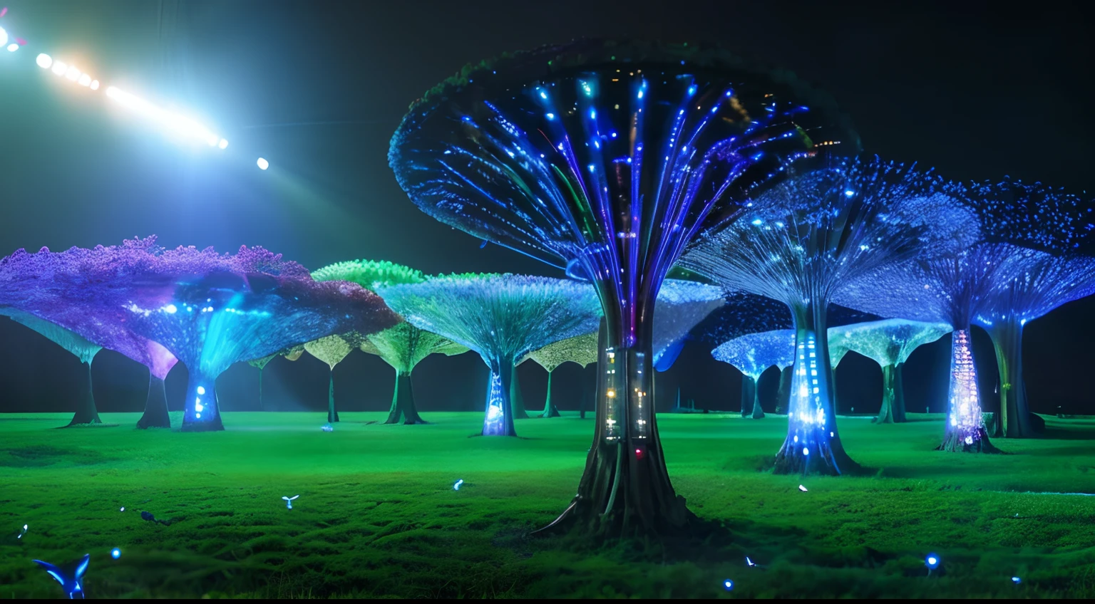 Items: Giant digital trees, glowing circuits, grass resembling optical fibers, delicate LEDs, birds with digital wings, and a massive holographic display.
Location: A future landscape, an environment where digital and nature blend, a futuristic meadow.
State: Trees towering with intertwined circuits, lush grass swaying with shimmering LEDs in the wind, flocks of birds digitally fluttering, and a holographic display illuminating the surroundings.
Theme Style: A futuristic scene with a steampunk-inspired theme, blending the beauty of digital technology and nature.