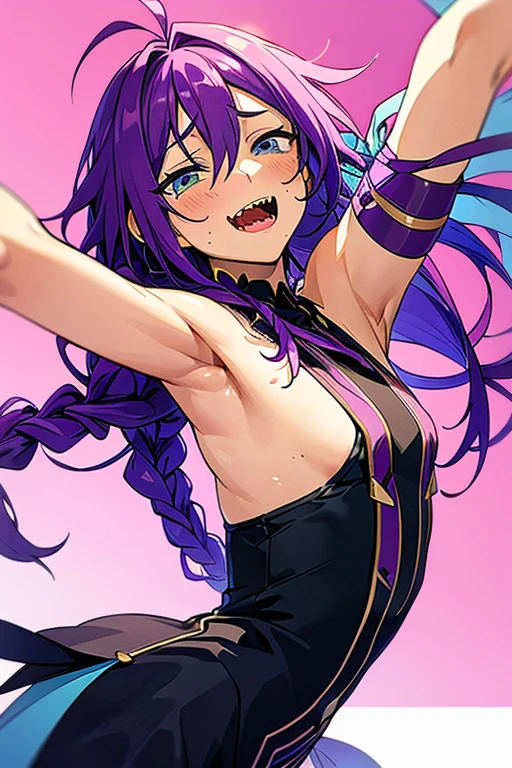 long hair, mole under mouth, purple hair, single braid, hair between eyes, aqua eyes, sharp teeth, ahoge, 1girl, blush, armpits