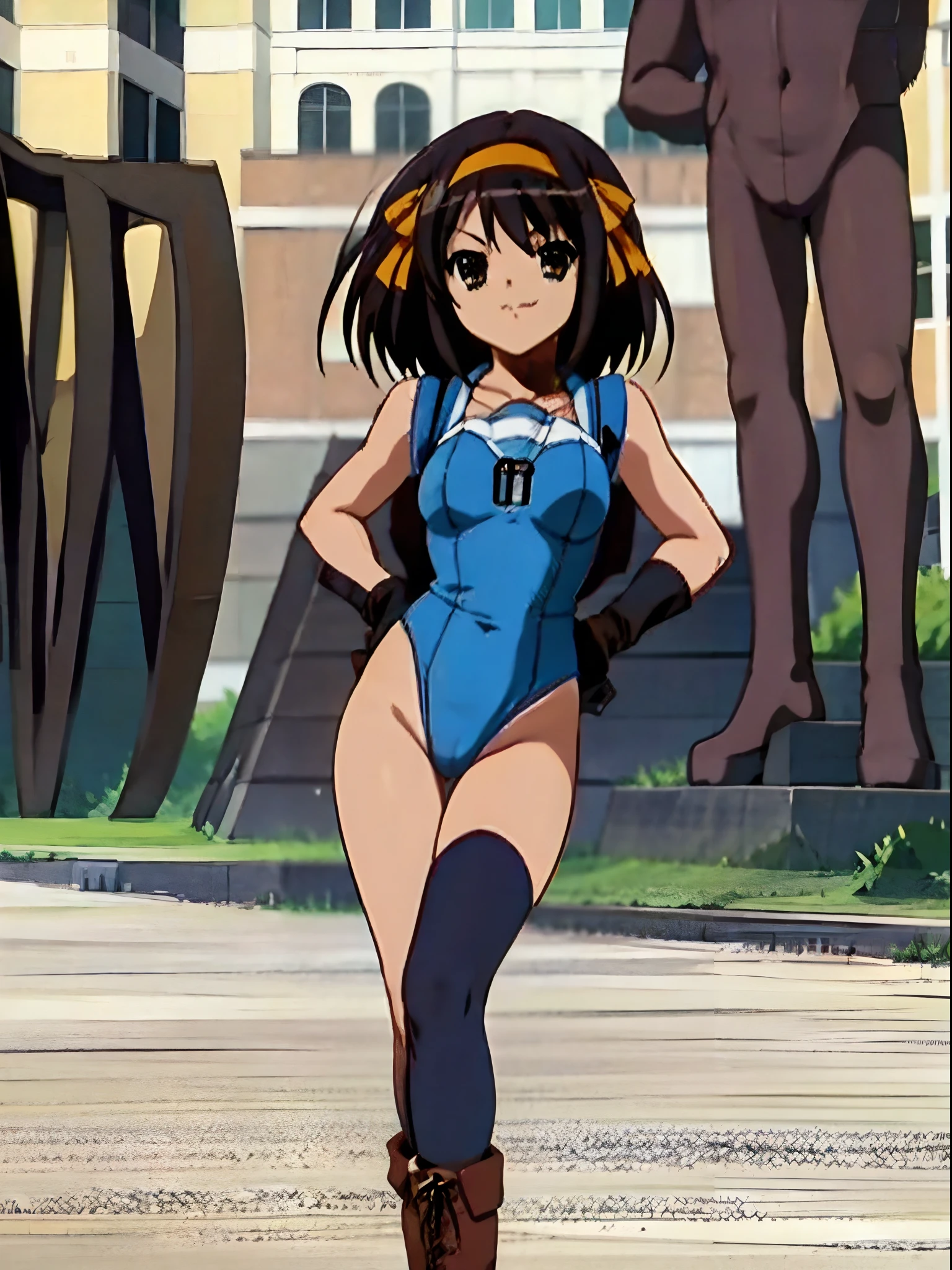 Haruhi suzumiya, looking at viewer, masterpiece, best quality, highres, 1girl, solo, superhero, leotard, bare legs, boots, matching boots, sleeveless, gloves, matching gloves, city backdrop, black leotard, standing, hands on hip, full body shot, glowing body