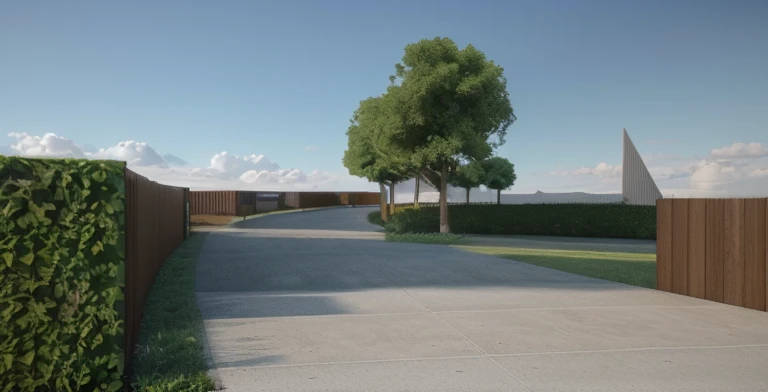 rendering of a park, a concrete pathway extend to the far distance, a wooden wall on the right, ((bush hedge)) on the left all the way along the pathway, wooden pathway from left to right crossing the concrete pathway, some trees in the background, ((modern sculpture)) in the distance, beautiful open grass lawn, ((beautiful blue sky, daylight, bright light)), masterpiece, ultra-detailed, realistic rendering, commercial rendering, 4K rendering, vray rendering