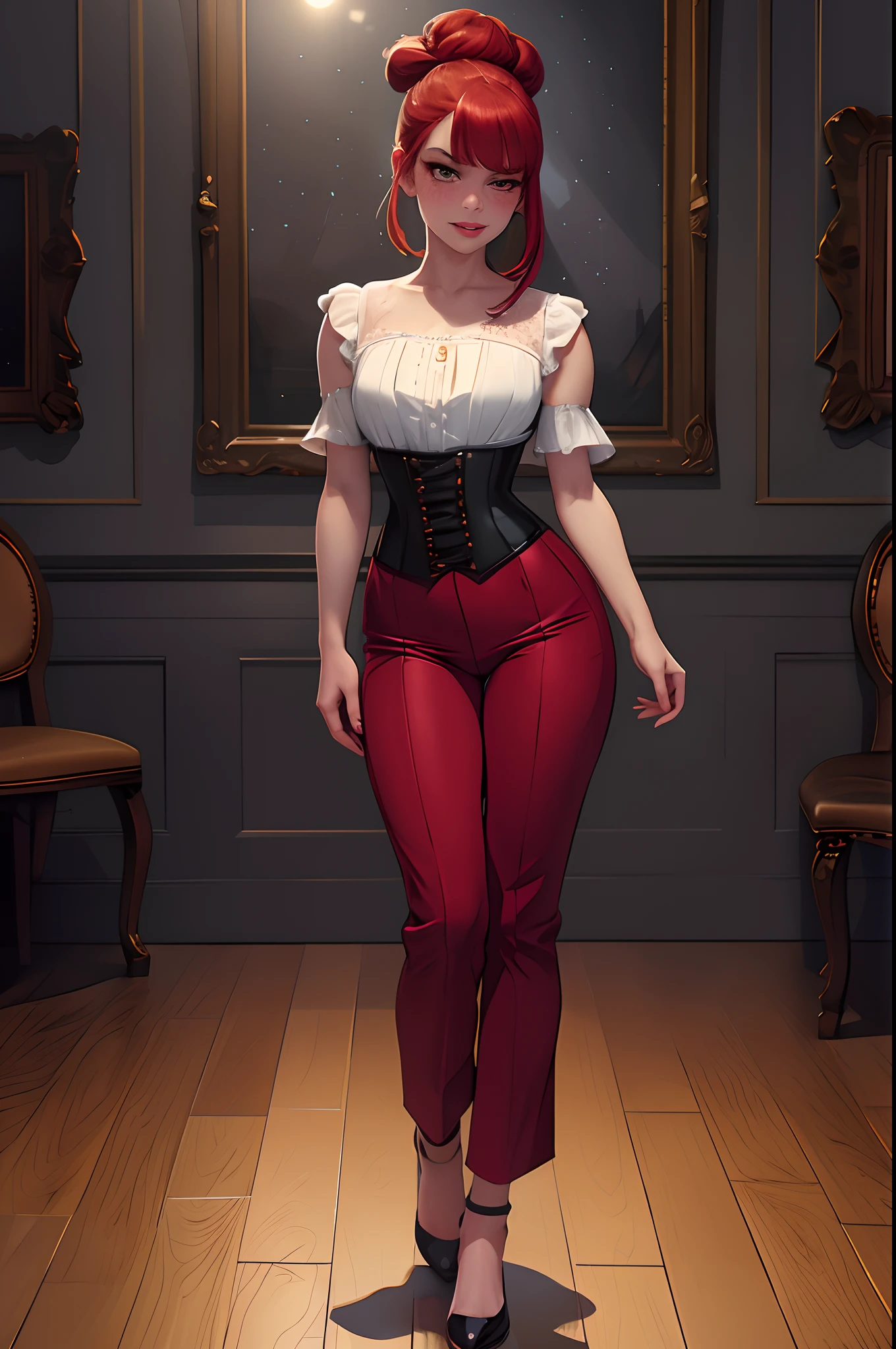 highly detailed, skindentation, pale woman with freckles, small chest, slim, red hair, hair bun, bangs, blushing, sparkling eyes, white blouse, corset, trousers, stretched clothing, dark moody room, masterpiece, best quality, perfect anatomy, highres, detailed, 1girl, smug, full body