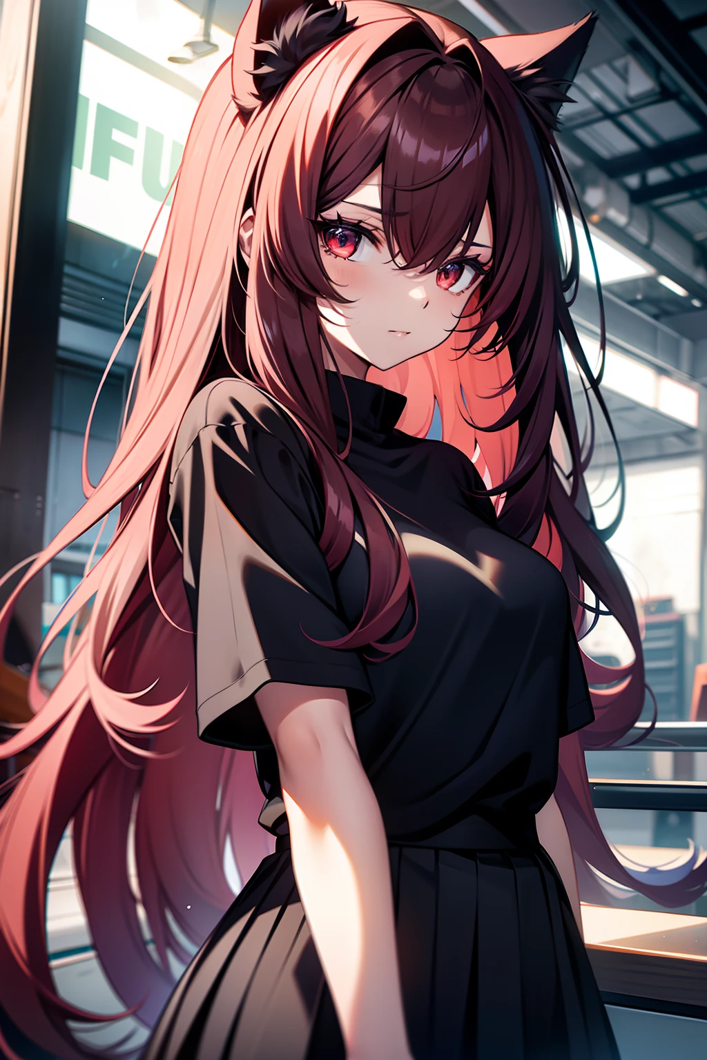 A girl with long hair and cat ears,The eyes are red,Wearing a black shirt,Black pleated skirt