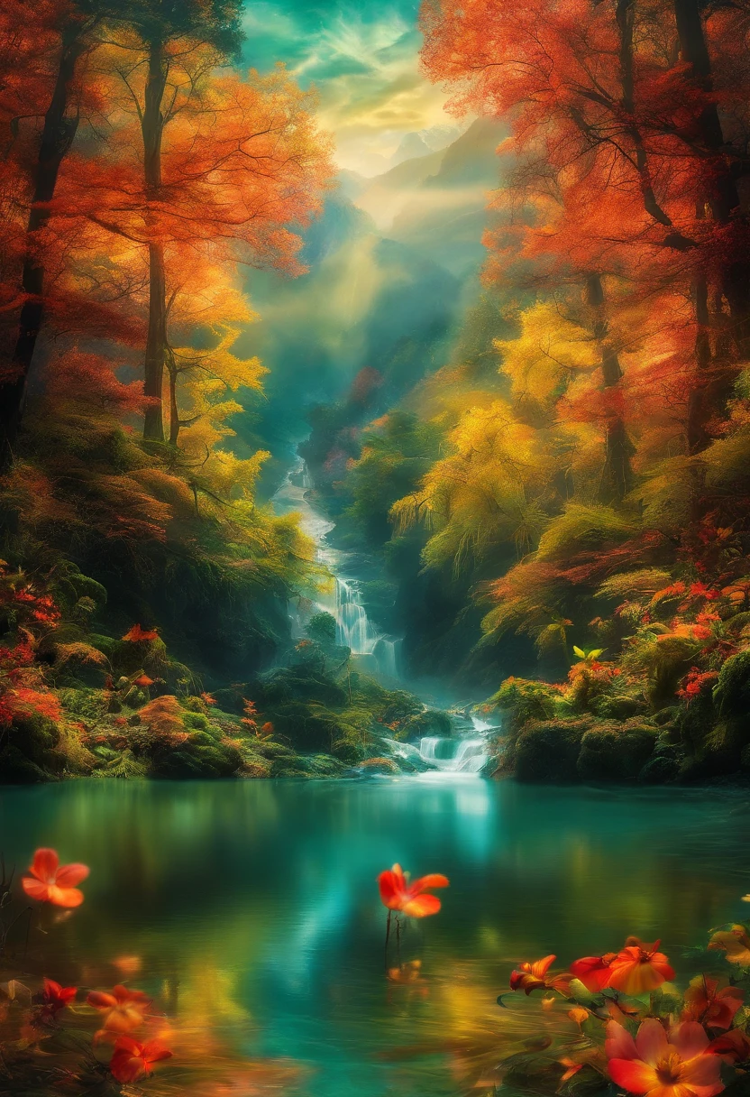 rivulets，rainbowing，jungles，Flowers，mountain spring，steamy，smog，Immortal，vibrant with colors，Water surface reflection，Real light，super-fine，Hyper-realistic，Ultra photo realsisim，tmasterpiece，8K，on focus，Bokeh，Detailed pubic hair，Hyper-detailing，high qulity，High definition，cinematic perspective