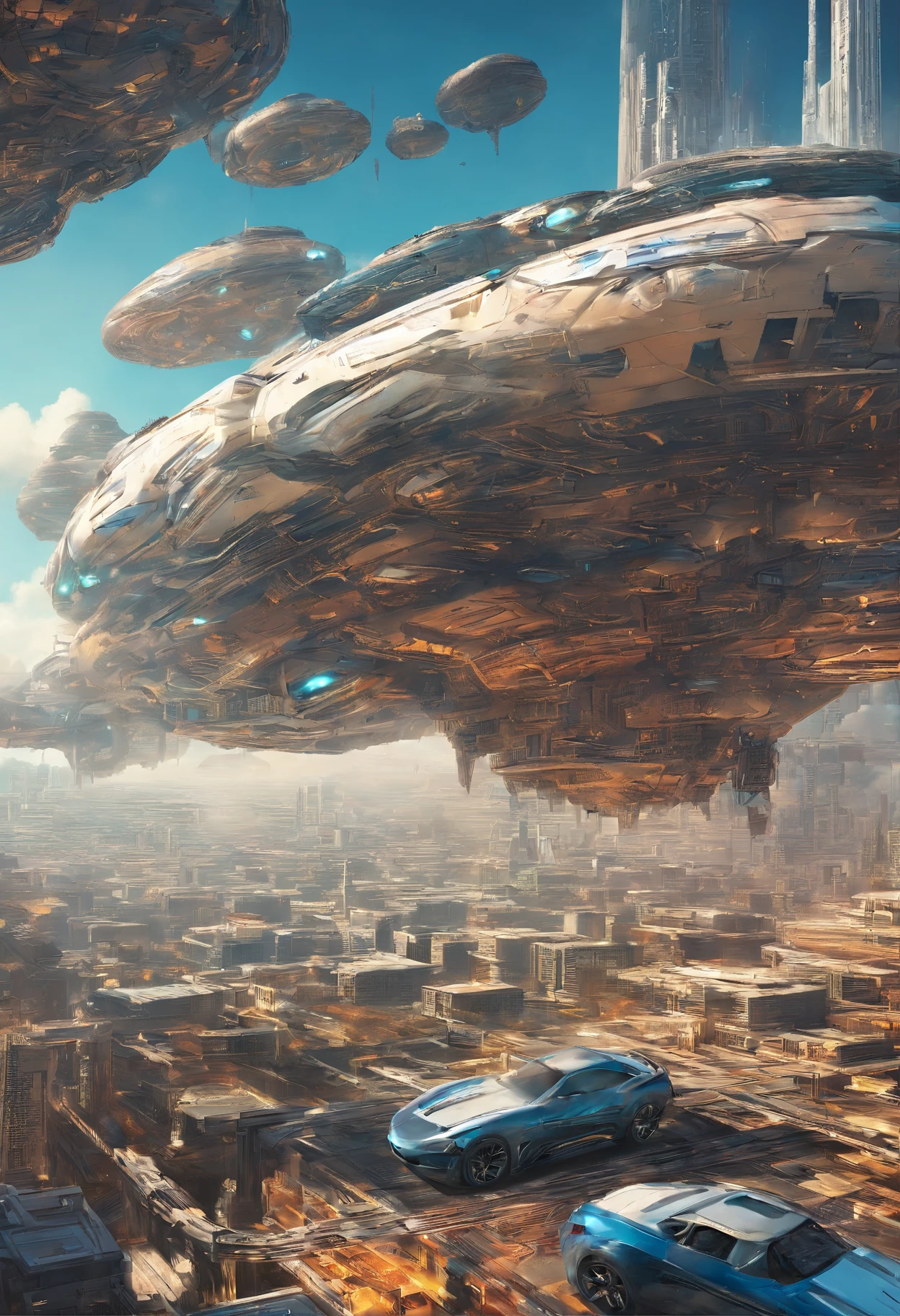 Science fiction book city,Cars fly in the sky,The feeling of a city in the sky,Spaceship,Blue water droplets,k hd