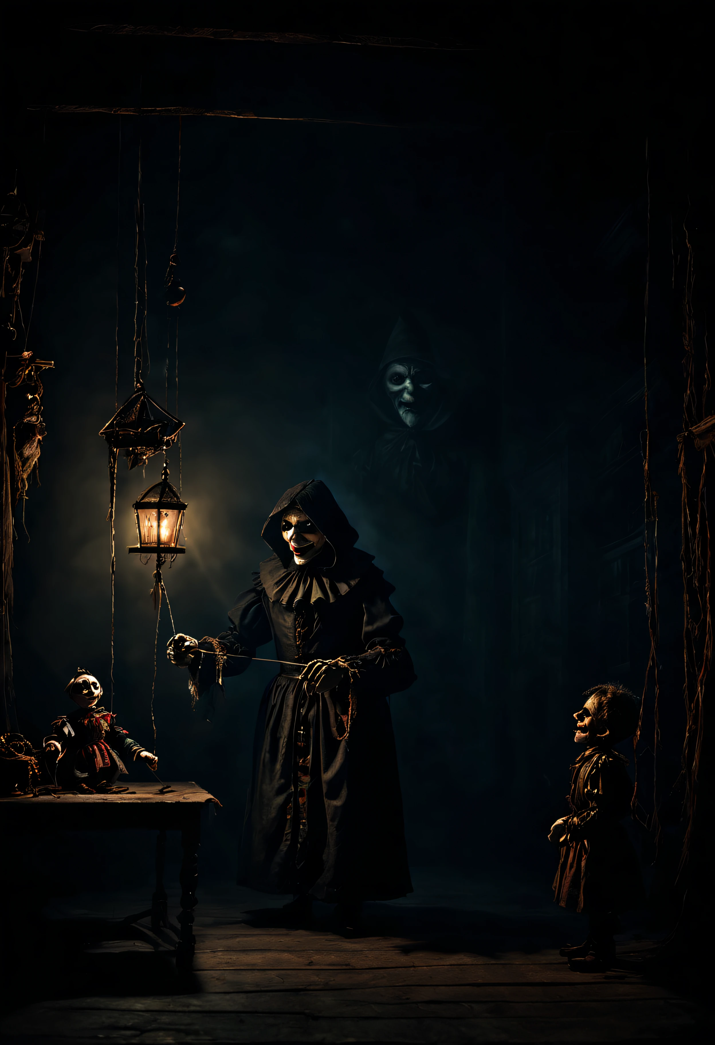 arafed image of a man in a dark room with a puppet, still from a fantasy movie, creepy marionette puppet, an ominous fantasy illustration, creepy and dramatic atmosphere, shadowy and eerie character, by Aleksander Gierymski, still from a live action movie, creepy masked marionette puppet, medieval alchemist in the dark, spooky and scary atmosphere