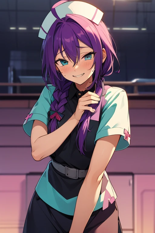 long hair, mole under mouth, purple hair, single braid, hair between eyes, aqua eyes, sharp teeth, ahoge, 1girl, blush, smile, cowboy shot, nurse, nurse hat