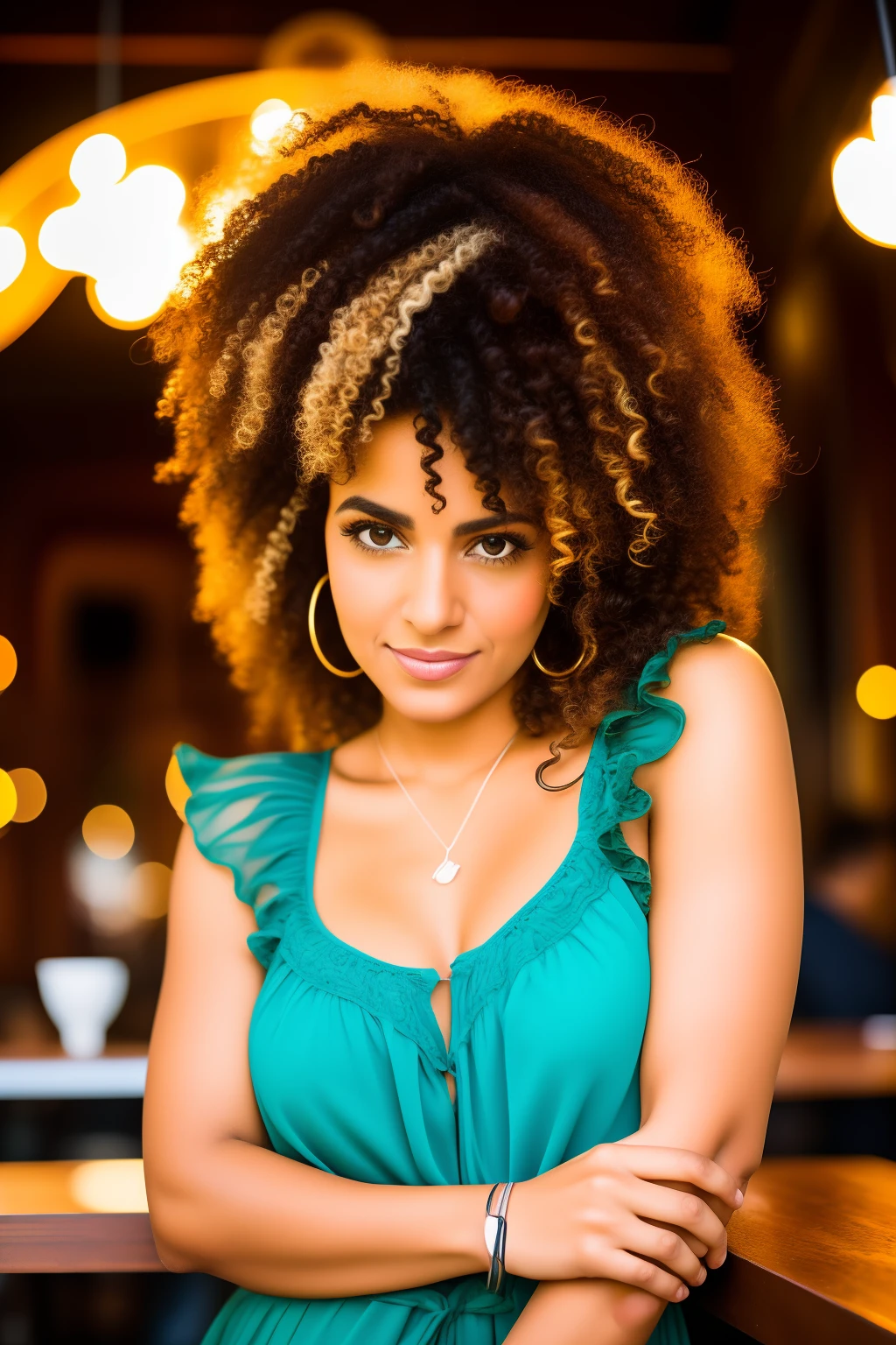 Portrait of a stylized curly-haired mexican woman with curly hair in a café , fofo, Fotografia fosca, pele parda, soft-lighting, humor ambiente, fotografia deslumbrante e limpa,