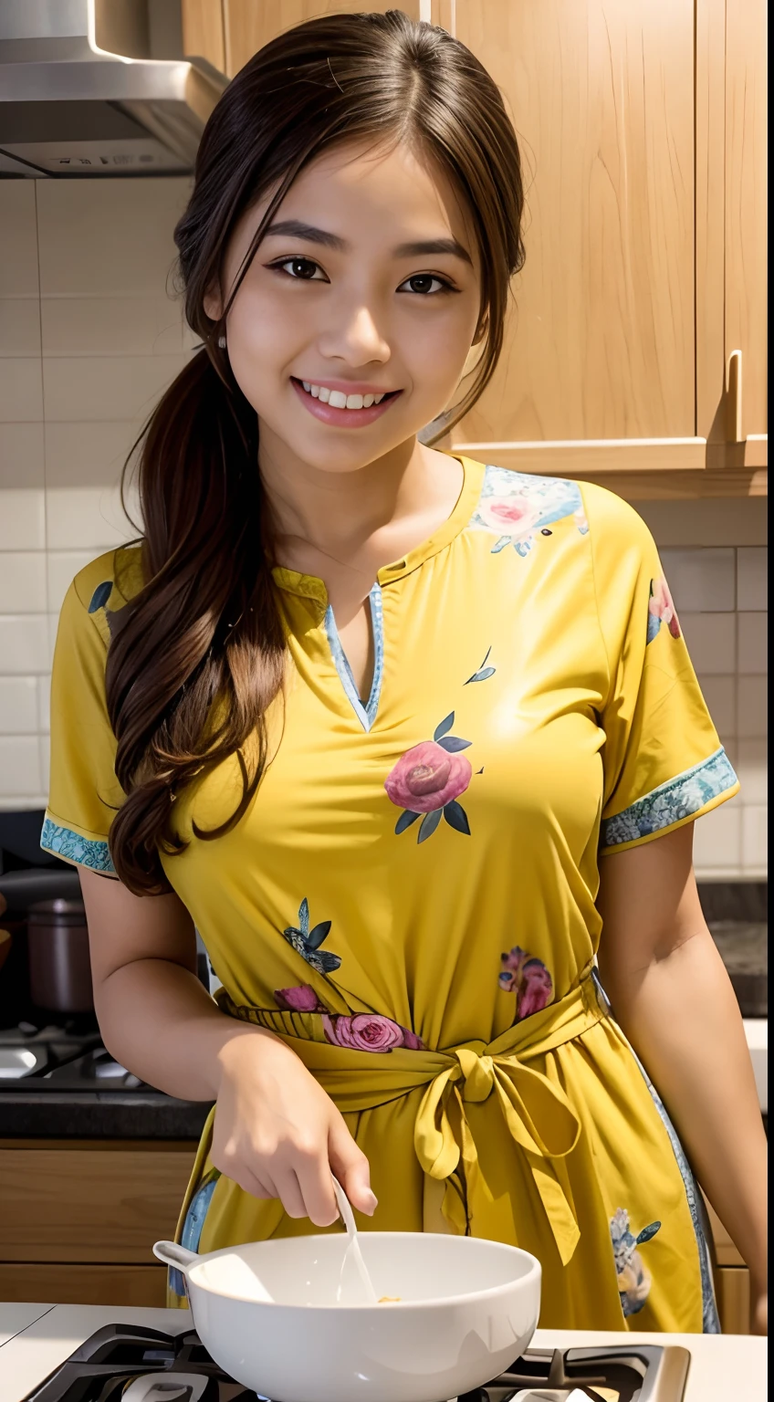 Malay girl wear small floral baju kurung malaysia in college pattern cooking in the kitchen, big breasts, long golden brown hair, wavy hair, back view, detailed skin, detailed skin texture, mole under the eye, big hips, big waist, round firm buttocks, big thighs, slim belly, beautiful body, night, laughing, happy, bright lighting, kitchen in the background, realistic background, wet clothes, ((full body)) soaking wet, dripping, smiling viewer, close-up, viewer, half body photo, kitchen, cooking, side ponytail,