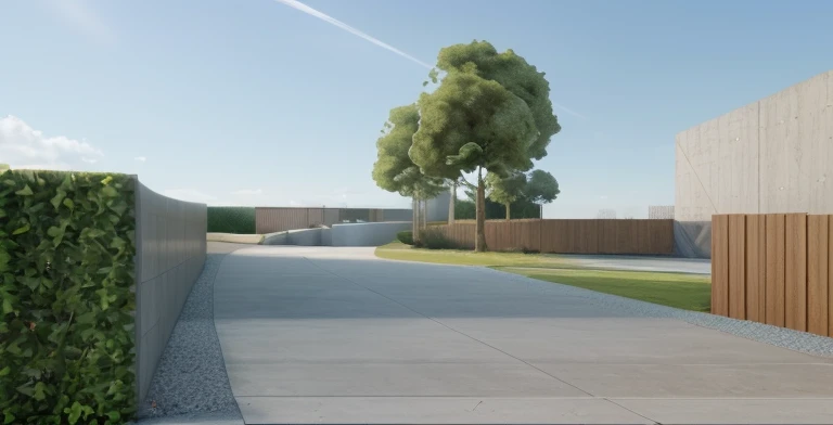 rendering of a park, a concrete pathway extend to the far distance, a wooden wall on the right, ((bush hedge)) on the left all the way along the pathway, wooden pathway from left to right crossing the concrete pathway, some trees in background, ((modern sculpture)) in the distance, beautiful open grass lawn, ((beautiful blue sky, daylight, bright light)), masterpiece, ultra detailed, realistic rendering, commercial rendering, 4k rendering