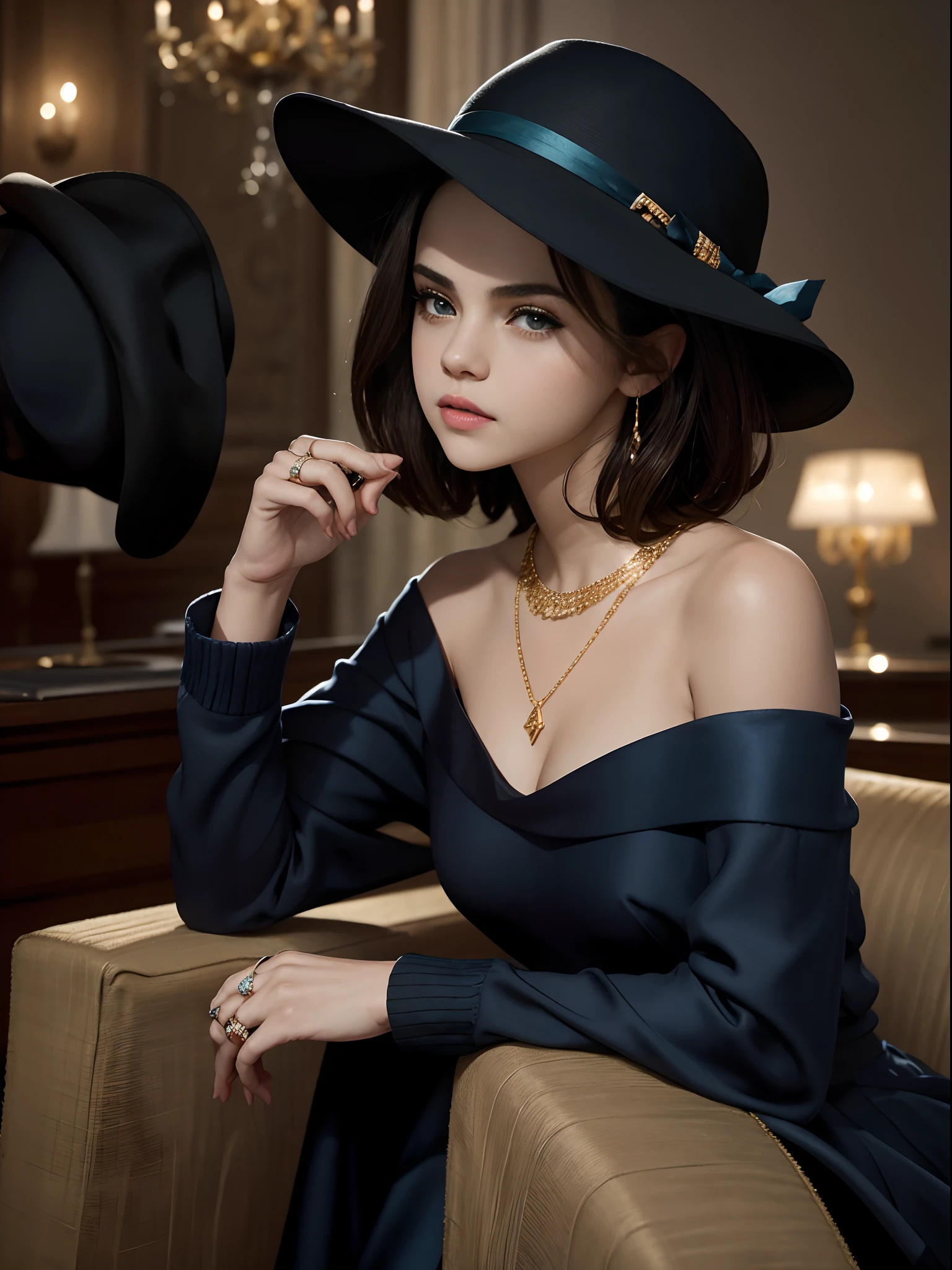 The image features one woman ((Selena Gomez:Emma Watson:0.8)) solo, (((35 years old))) mature, wearing a blue hat and a black dress. The woman is also wearing a gold necklace and a ring, adding a touch of elegance to her overall appearance. The scene captures a moment of sophistication and style.