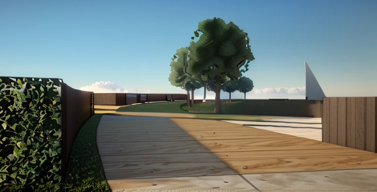 rendering of a park, a concrete pathway extended to the far distance, a wooded wall on the right, ((bush hedge)) on the left all the way along the pathway, wooden pathway from left to right crossing the concrete pathway, some trees in background {{{modern sculpture}}} in the distance, beautiful open grass lawn, ((beautiful blue sky, daylight, bright light)), masterpiece, ultra detailed, realistic rendering, commercial rendering, 4k rendering, vray rendering