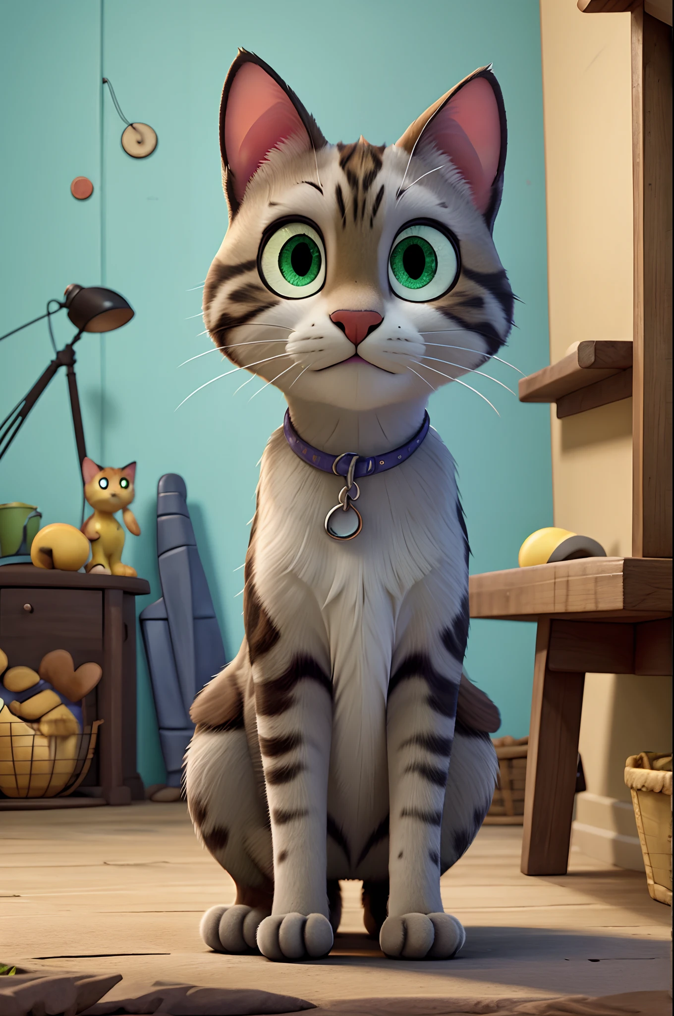 a poster of a Disney Pixar-style movie called Susie. Serengeti cat ,dark grey with green eyes