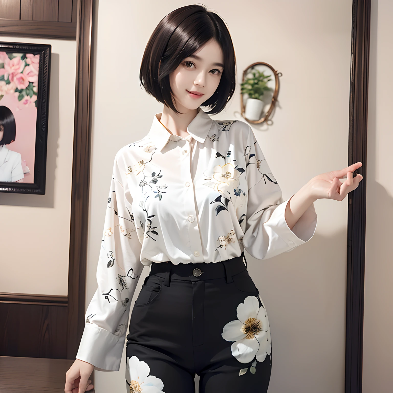 93
(a 20 yo woman,is standing), (A hyper-realistic), (masutepiece), ((short-hair:1.46)), (Smooth black hair), wear long pants, (Wearing a long-sleeved shirt with a floral print), (painterly、picture frame), (Gentle smile), (Keep your mouth shut)