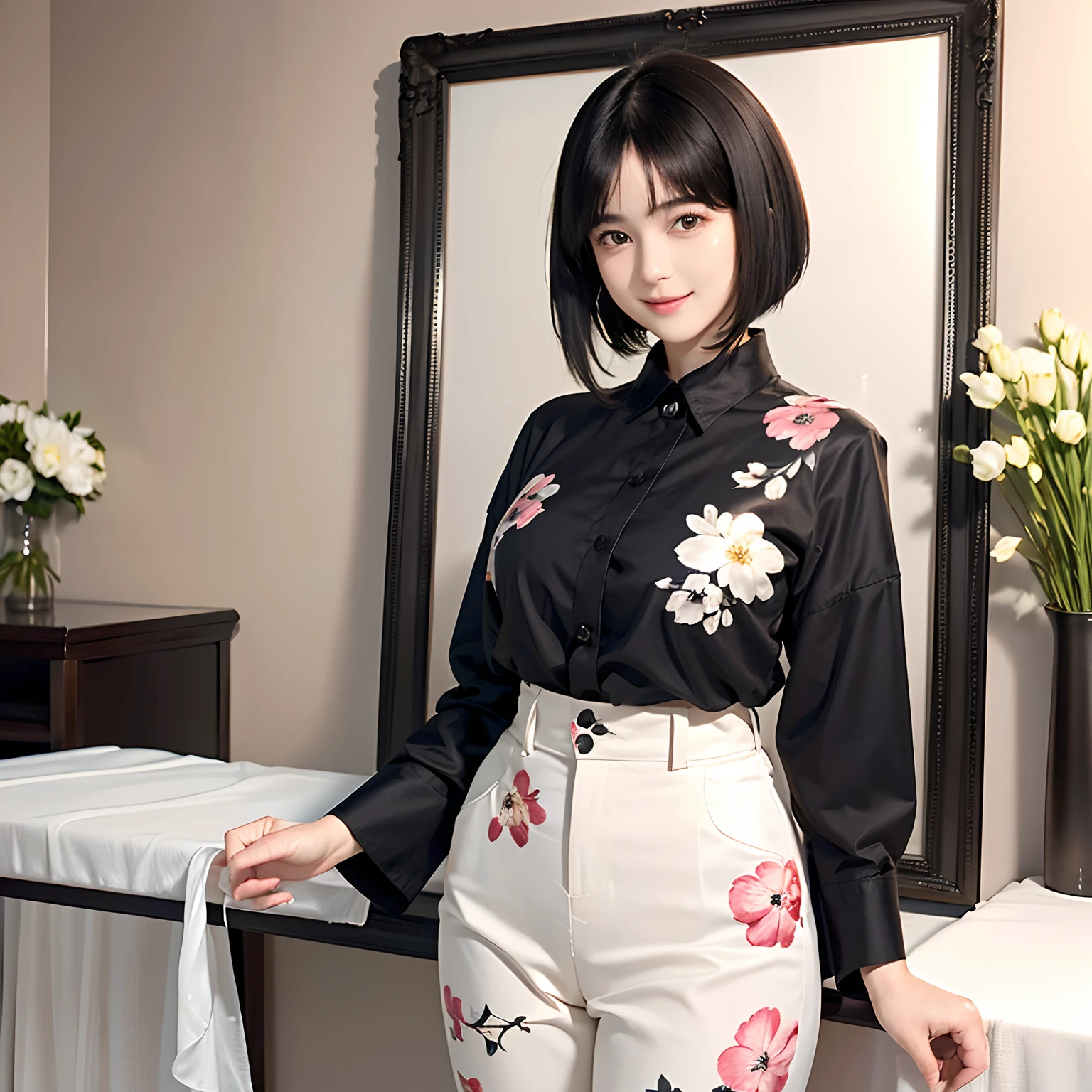 93
(a 20 yo woman,is standing), (A hyper-realistic), (masutepiece), ((short-hair:1.46)), (Smooth black hair), wear long pants, (Wearing a long-sleeved shirt with a floral print), (painterly、picture frame), (Gentle smile), (Keep your mouth shut)
