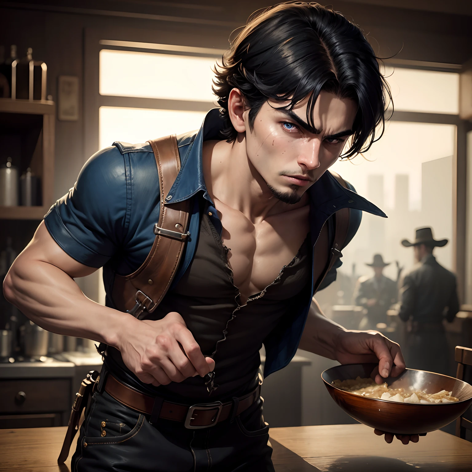 8k, masterpiece, best quality, realistic, higly detailed, cowboy shot, 1boy, solo, Fuutarou, young man, fair skin, black hair, bowl cut, two strands sticking up from the back of his head, bangs that cover his forehead, blue eyes, slim physique, tall build, tends to slouch, serious expression, scary and thuggish vibe, bad guy, Waiter