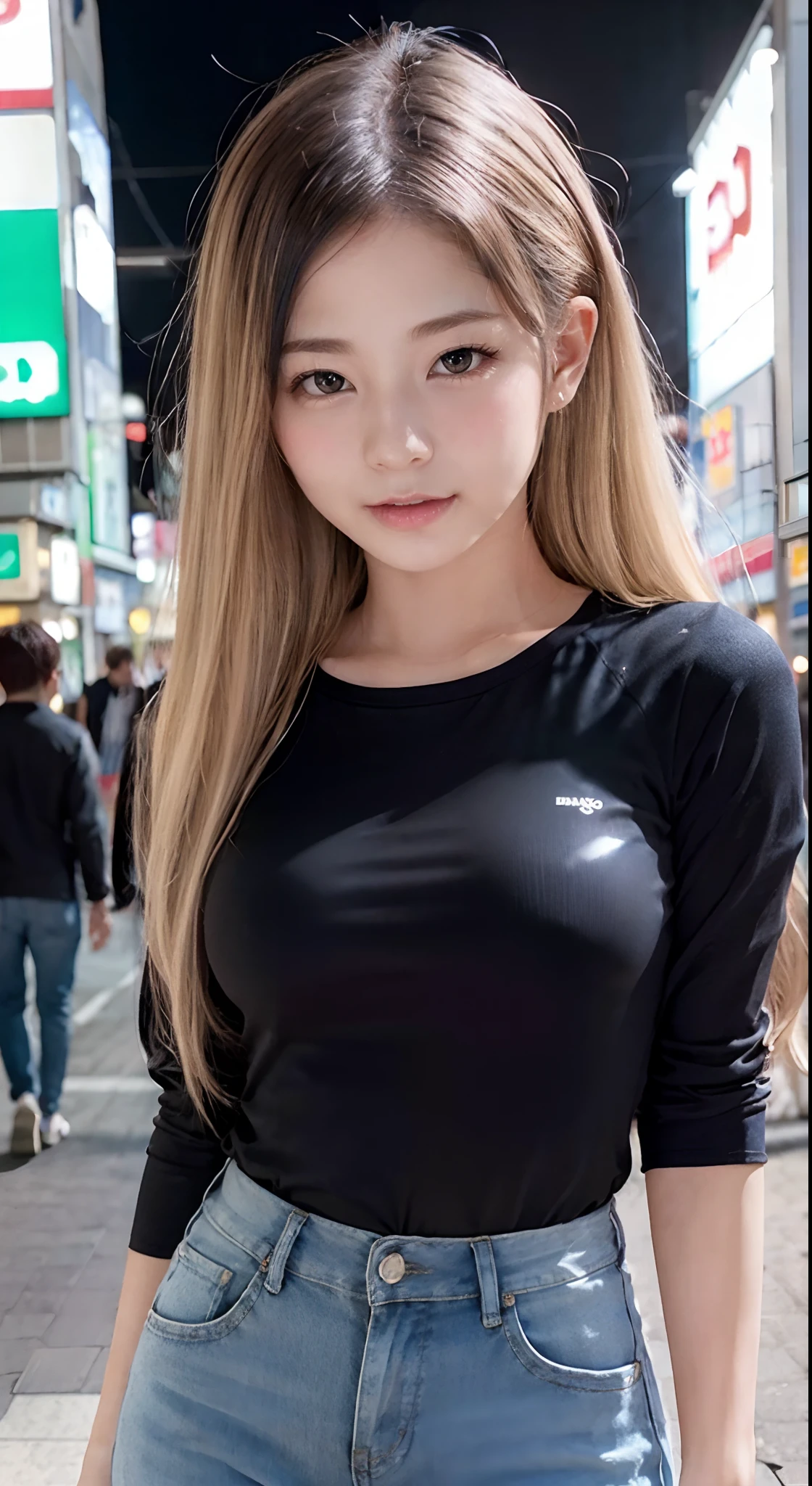 Sexy and very beautiful cute face、shiny beautiful skin、White beautiful skin、Beautiful pale light blue eyes, Beautiful very long blonde hair、(blondehair:1.3)、Lots of sexy bangs、18 years old cute little face beautiful girl、Thick long T-shirt、(Thick black long shirt:1.2)、casual pants、(dynamicposes:1.2)、(Crowded Akihabara 1.4)、Street、(natta:1.3)