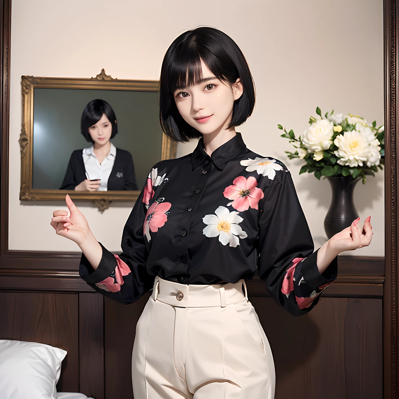 93
(a 20 yo woman,is standing), (A hyper-realistic), (masutepiece), ((short-hair:1.46)), (Smooth black hair), wear long pants, (Wearing a long-sleeved shirt with a floral print), (painterly、picture frame), (Gentle smile), (Keep your mouth shut)