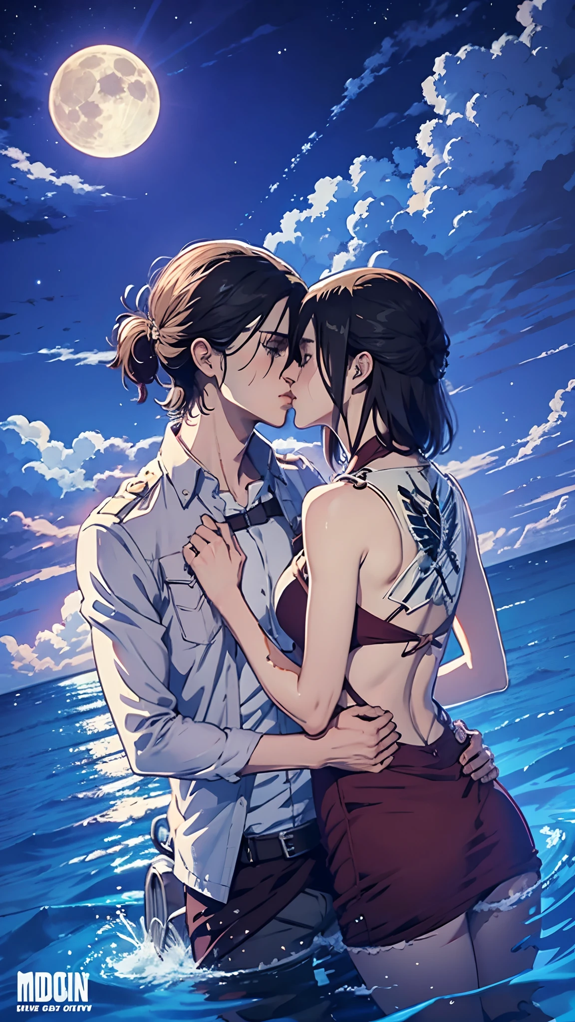 Eren Yeager (Left) and Mikasa Ackerman (Right), In water, Kissing, Couple, Moonlight, Romantic, Anime wallpaper, Perfect lighting, Masterpiece