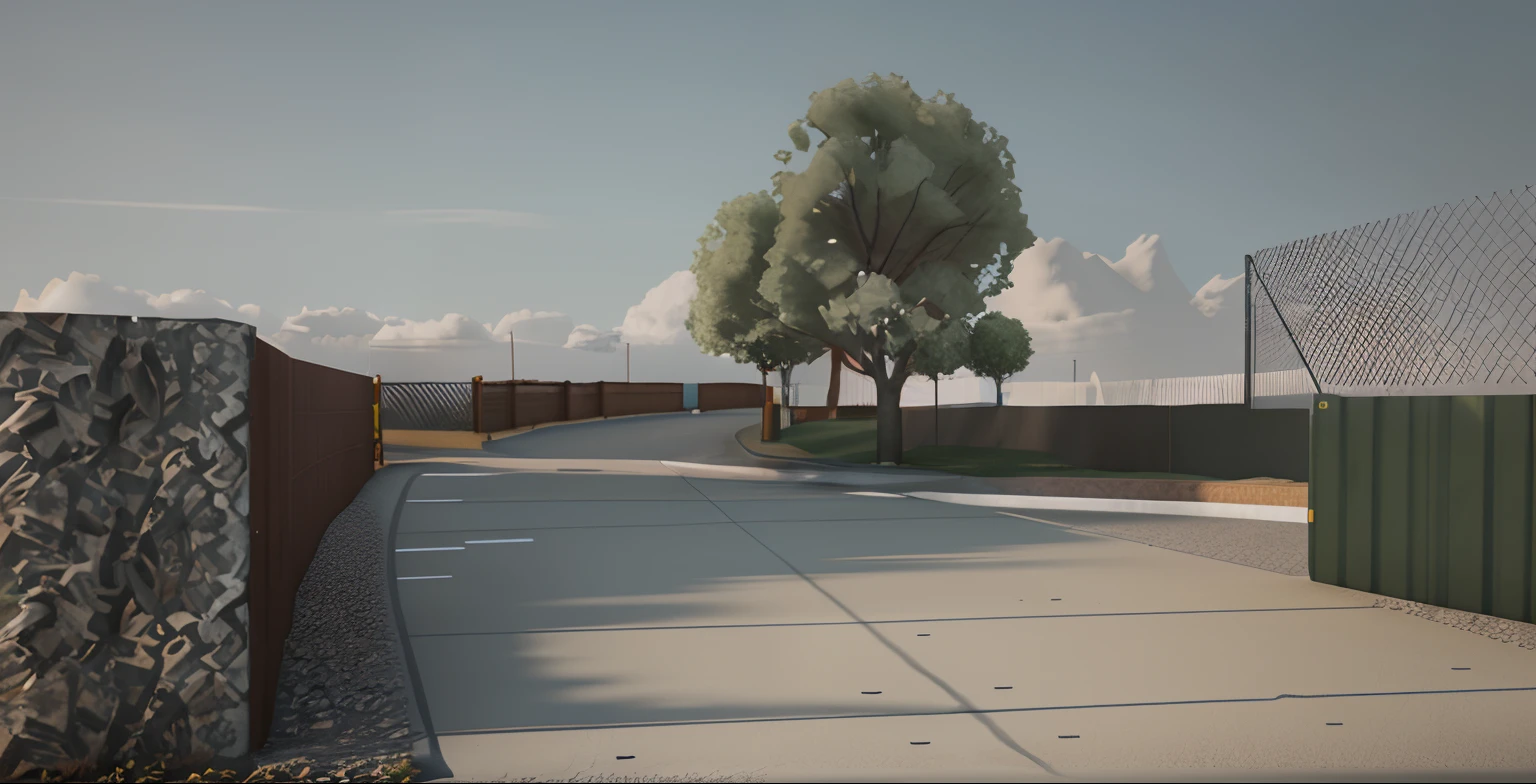 there is a drawing of a road with a fence and a tree, low angle dimetric rendering, ground perspective; detailed, 3 / 4 view, 3/4 view, street level view, conceptual rendering, detailed rendering, sloped street, 3d rendered model, trees in background, rendered 3d model, detail render, ground level camera view, 3 d rendered