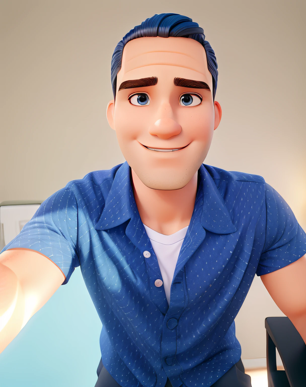 homem branco de cabelo curto penteado para o lado de olhos castanhos e camisa azul com bolinhas