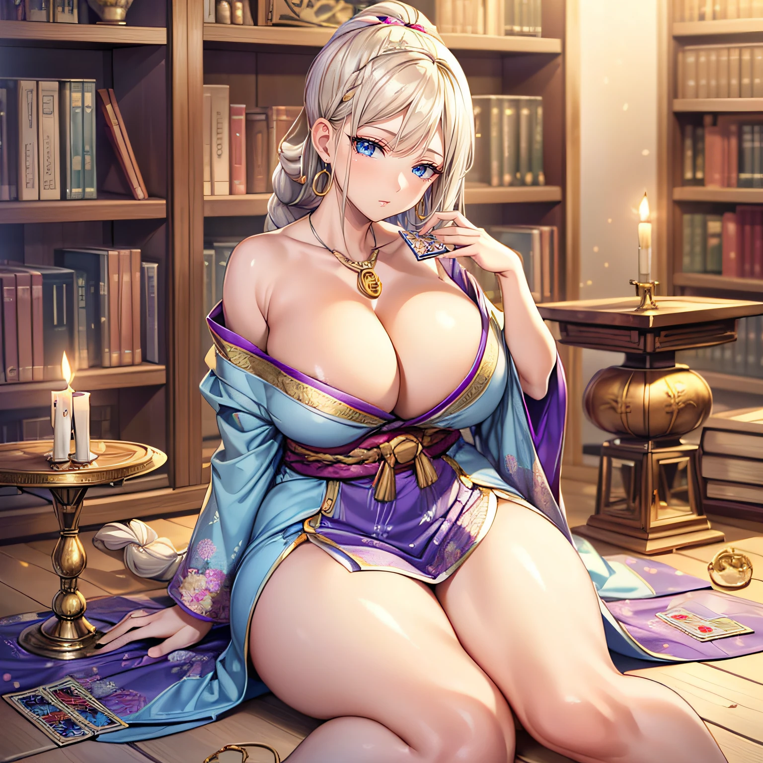 Masterpiece, Best Quality, (((Solo mature woman Janet))), (((platinum blonde hair))), ((long braided Ponytail)), (((wide hips))), (((light blue eyes))), full lips, seductive smile, cleavage, (((sitting on wooden floor))), (((bookshelves, candles))) sunset, blushing, "beautiful mature face" , age30 , MILF , adult ((open purple kimono with detailed patterns of gold)), bare shoulder, ((Sexual suggestiveness)), perfect beautiful eyes, detailed eyes. thick lips, ((big boobs)), (Thick thighs), top down, looking down, (((shiny skin))), (((chubby))), necklace, bracelets, hoop earrings, (((European Face))), ((Oiran)), Japanese Clothing, Boobplate, obi, intricate, eye shadow, floral print, hairpin, lipstick, make-up, red lips, sarashi, (((kiseru))), holding pipe in right hand, (((Bare legs))), (((Tarot cards on floor)))