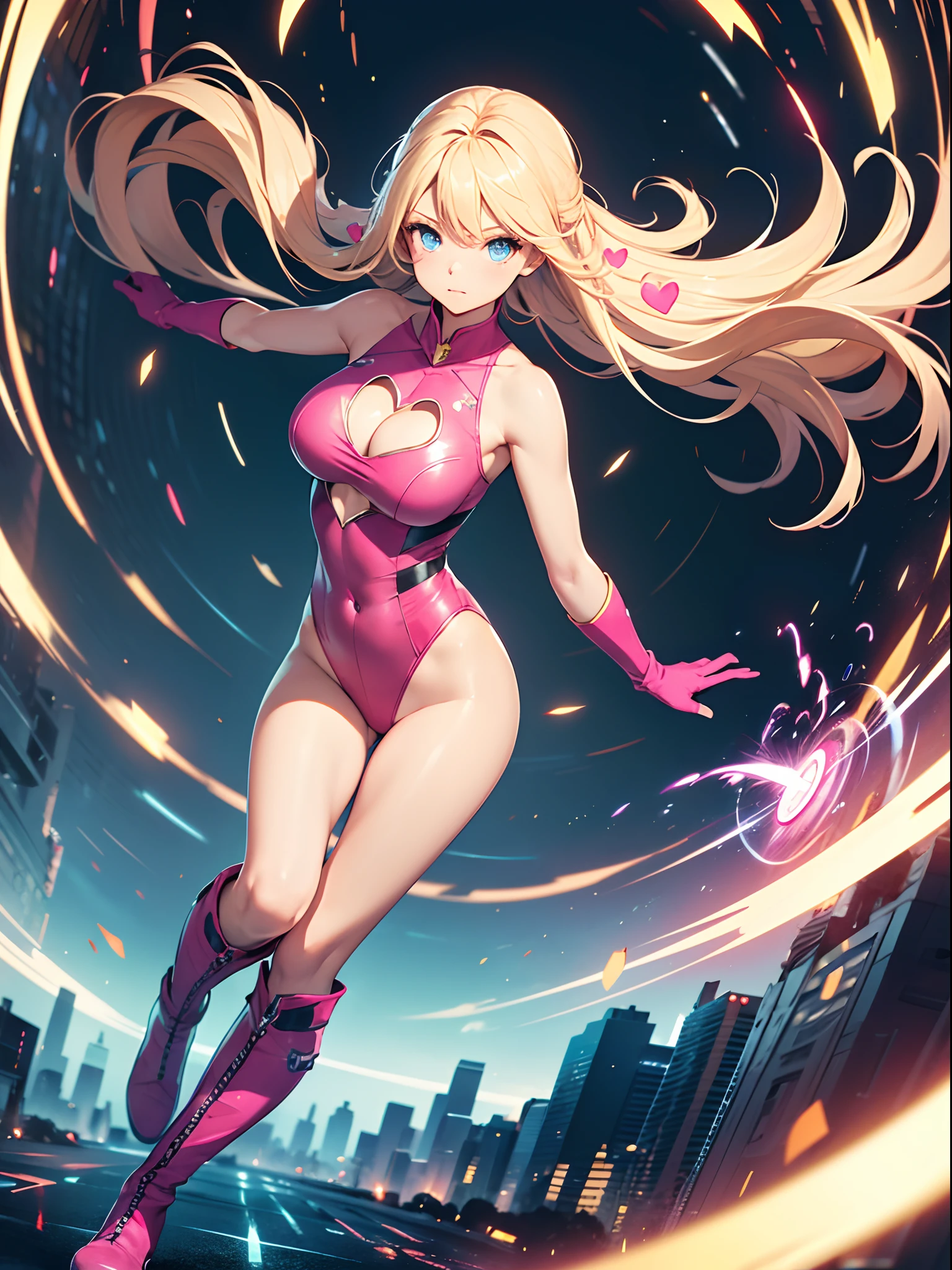 ((masterpiece)), ((best quality)), ((highres)), 1girl, solo, leotard, bare legs, matching boots, sleeveless, looking at viewer, light particles, city backdrop, perfect hands, perfect eyes, perfect leotard, perfect legs, perfect arms, perfect fingers, medium breasts, pink leotard, spinning, blonde hair, long hair, knee boots, blue eyes, heart cutout, cute face, hair down, bangs, sleeveless, pink gloves, pink footwear, cleavage cutout, superhero, super speed, light swirls around her body, time travel, super spin, spinning around, whirlwind spin, solo, spread arms, cyclone spinning, superpower, rapid gyration