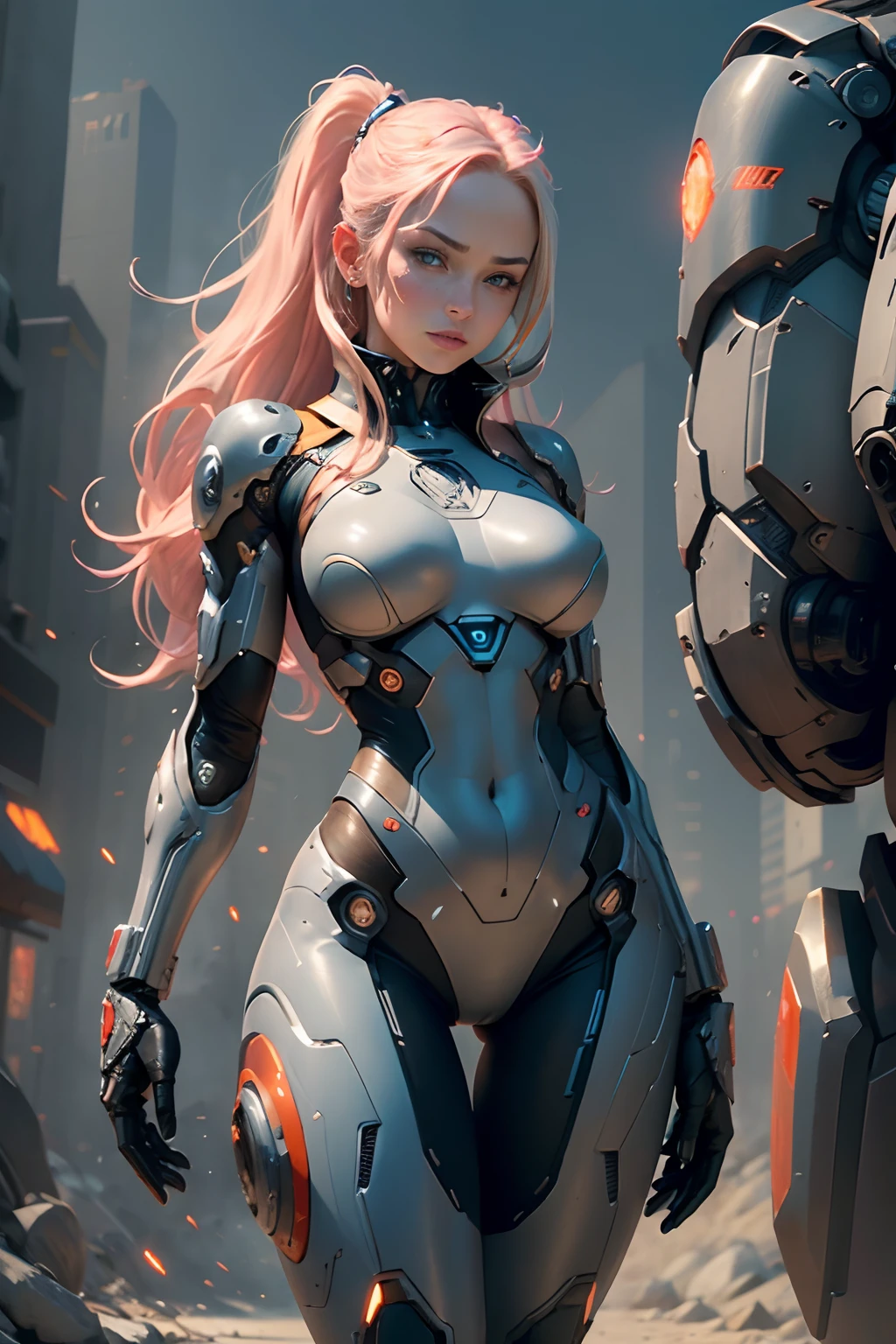 female ,emma frost ,front view,artgerm,full body,cyborg,front pose,heavy mechanical torso,sci fi,full body suit,combat ,gun smith,swat,swat outfit,full tactical ,camo print,powerful pose,sexy,Sultry, , anime-inspired, ample bosom, strikingly detailed,dynamic stance, gradient backdrop, intricate texturing, sensual curves, immaculate detailing, close-up shot, iconic character design, nuanced shading, empowered posing,artgerm,full body,sci-fi suit,futuristic,cyberpunk,red and orange(outstanding, professional, surreal), towering buildings rise from the ground to form a magnificent landscape of the futuristic city. In the center of the picture, a huge and magnificent robot mech stands tall. Its pink metal shell shimmers, and the delicate textures and intricate lines of the robot mech outline its high-tech figure. The robot mech is tall, exuding an unparalleled sense of majesty and power. The robot mech has bright LED lights embedded in its shoulders, flashing in various bright colors, like the bright stars of the future city. Its arms are equipped with powerful energy weapons and are ready to meet the challenges of battle. Standing next to the robot, we see a striking age girl. She wears a black leather jacket and close-fitting black stockings, highlighting her perfect figure. The texture of the black leather jacket contrasts with the metallic texture of the robot, showing a unique visual effect. The girl's firm and resolute eyes show that she is fearless, (the girl is in good shape, wearing leather clothes, showing her navel, medium breasts, and clear facial details)