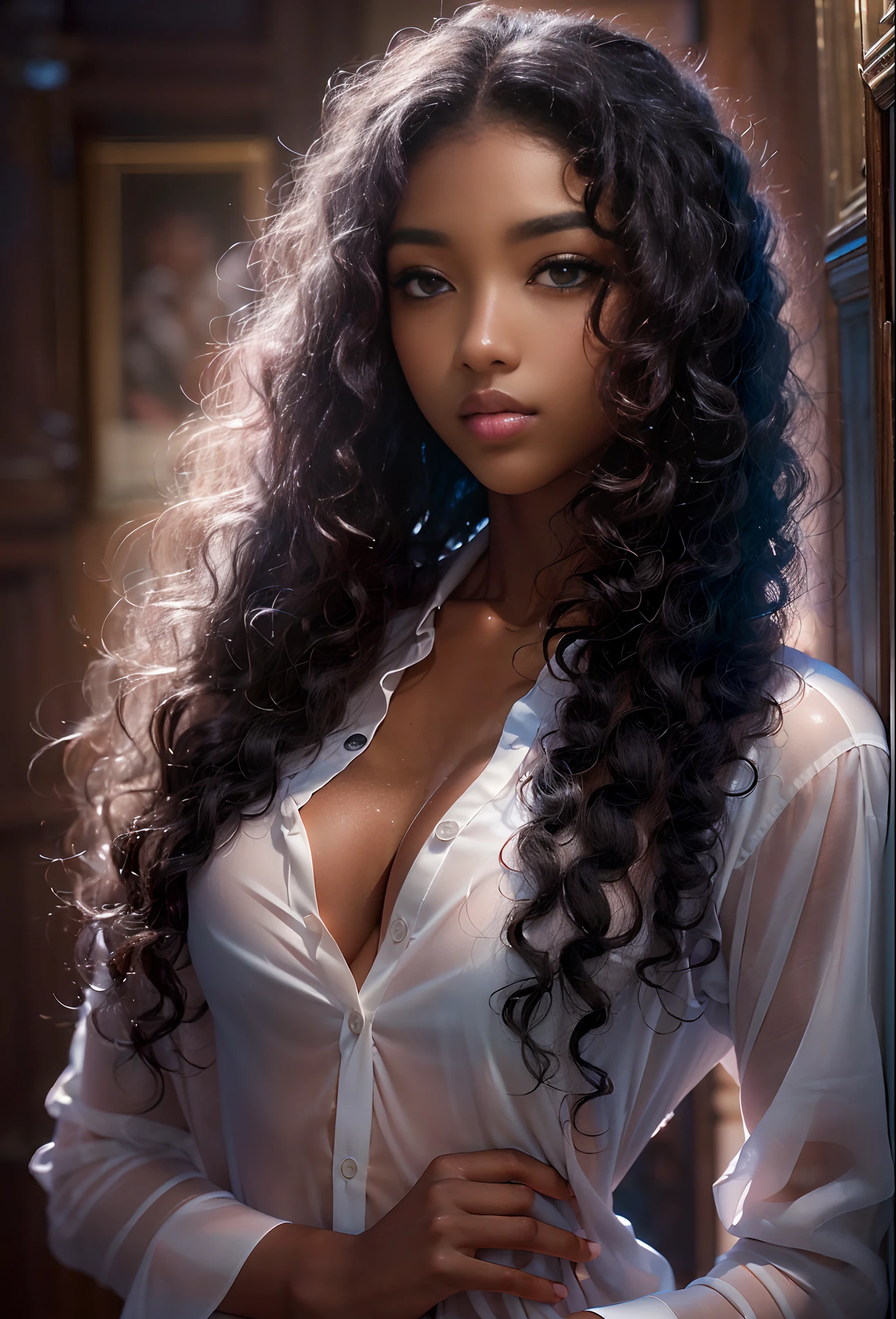 ((-yeld)))ixed black girl, (((light skin))), (((full body pose))),  (((long curly black hair))), (((wearing only a mans long, white, button-up shirt, unbuttoned))), (((seamless, black, pantyhose under the shirt))), dark fantasy, Rich, Deep Colours, (intricate details:0.9), (HDR, hyper-detailing:1.2), (natural skin textures, hyper realisitc, glistening skin, soft light, Sharp),