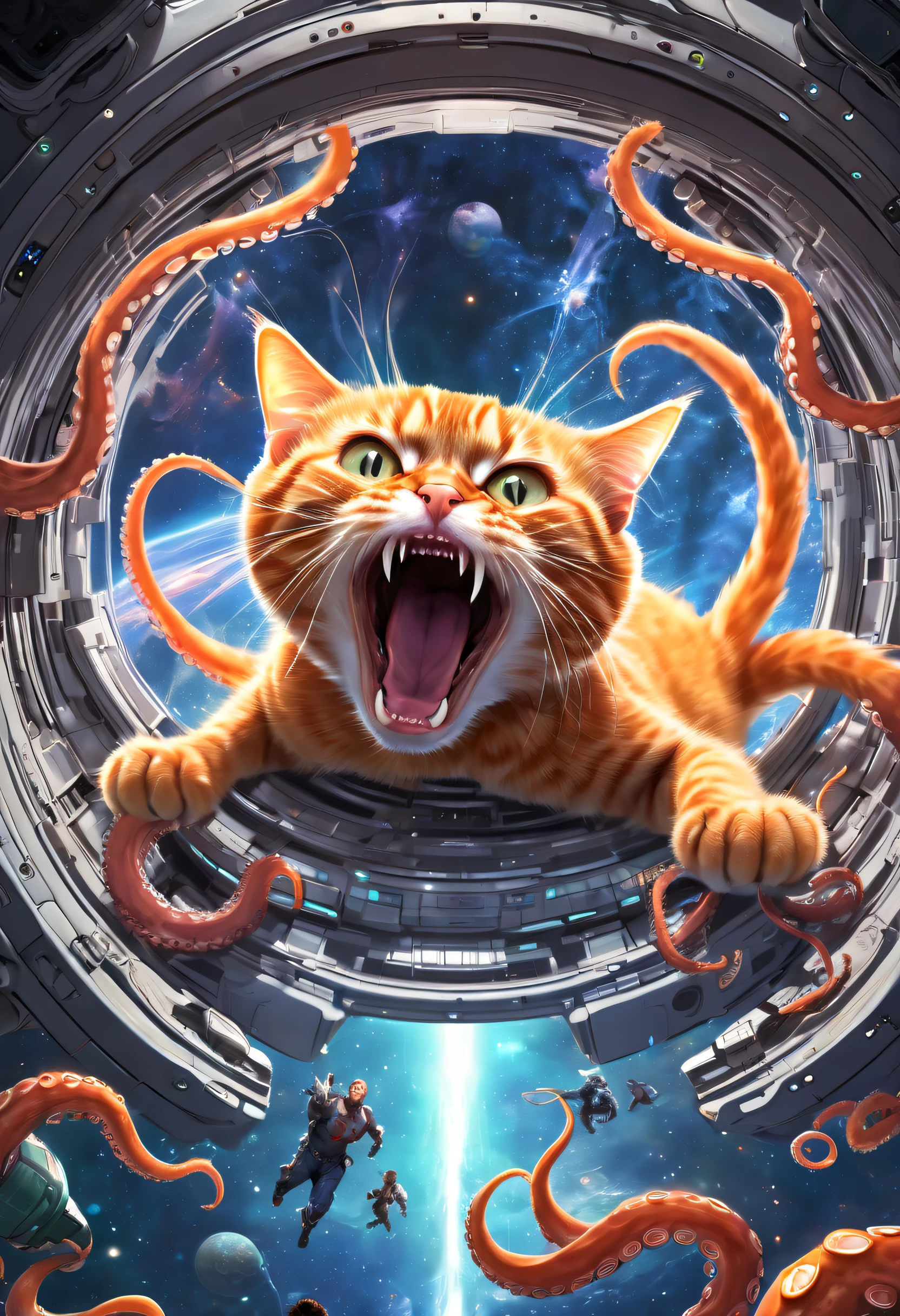 in a cosmic setting,an orange cat,Side image,Possess the body and face of a cat,Open its mouth wide to resemble an octopus's mouth,A large number of octopus antennae that are thicker than the body gush out of the mouth,In the center are rows of sharp teeth . The background is inside a spaceship,Marvel,shiyuanshou