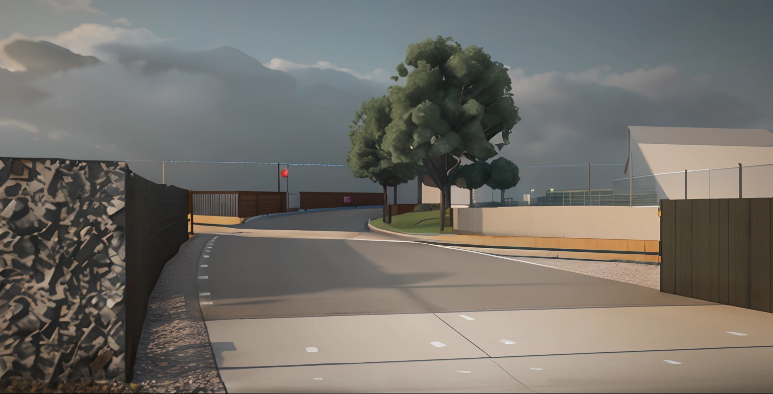 there is a drawing of a road with a fence and a tree, low angle dimetric rendering, ground perspective; detailed, 3 / 4 view, 3/4 view, street level view, conceptual rendering, detailed rendering, sloped street, 3d rendered model, trees in background, rendered 3d model, detail render, ground level camera view, 3 d rendered