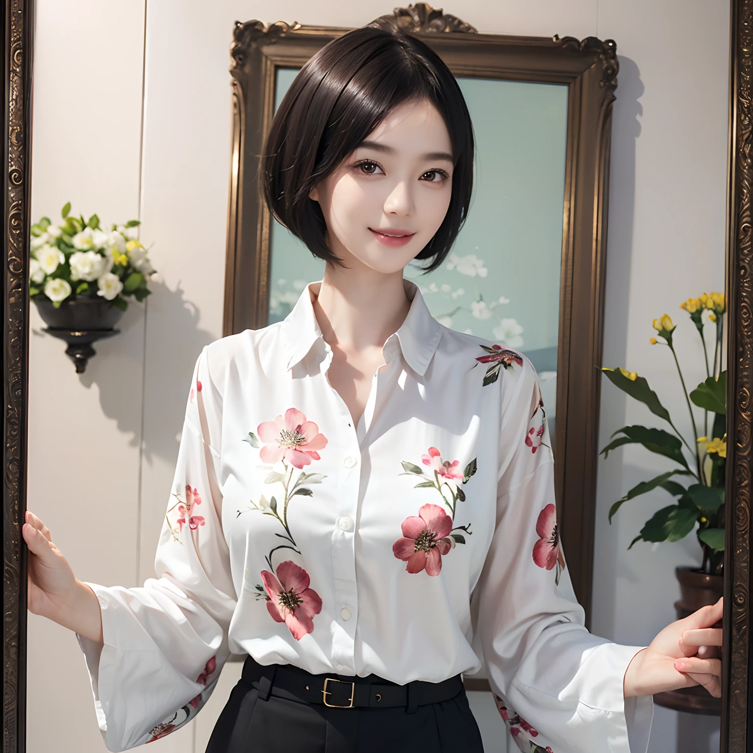 93
(a 20 yo woman,is standing), (A hyper-realistic), (masutepiece), ((short-hair:1.46)), (Smooth black hair), wear long pants, (Wearing a long-sleeved shirt with a floral print), (painterly、picture frame), (Gentle smile), (Keep your mouth shut)