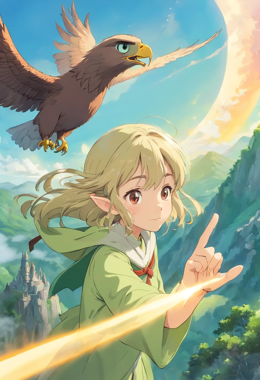 1 The elven girl held out a finger,Point forward,There is an eagle in the sky